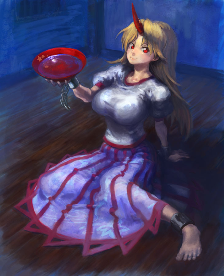 binayu, hoshiguma yuugi, touhou, 1girl, barefoot, blonde hair, breasts, cup, feet, female focus, horns, large breasts, long hair, red eyes, sakazuki, single horn, solo