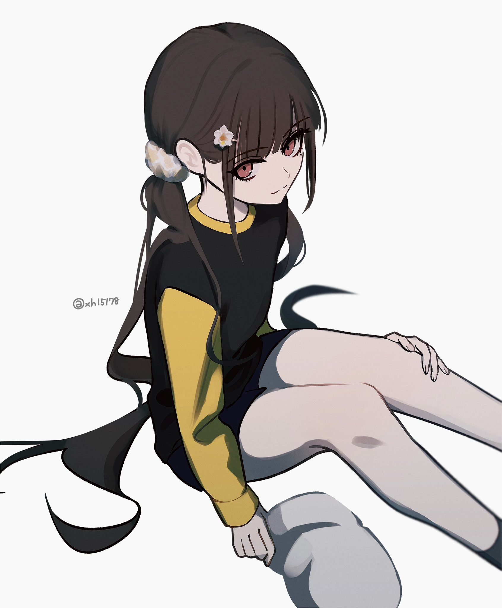 harukawa maki, danganronpa (series), danganronpa v3: killing harmony, commentary, highres, 1girl, alternate costume, blunt bangs, brown hair, eyelashes, feet out of frame, from above, hair ornament, hair scrunchie, hand on own leg, hat, holding, holding unworn clothes, holding unworn hat, long hair, long sleeves, looking at viewer, low twintails, mole, mole under eye, oguma (ogm), red eyes, scrunchie, shirt, shorts, sitting, smile, solo, twintails, twitter username, unworn hat, unworn headwear, very long hair, white background