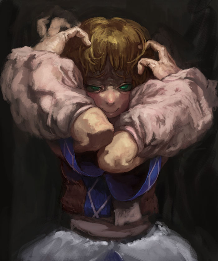 binayu, mizuhashi parsee, touhou, 1girl, blonde hair, female focus, green eyes, hands on own head, looking at viewer, solo