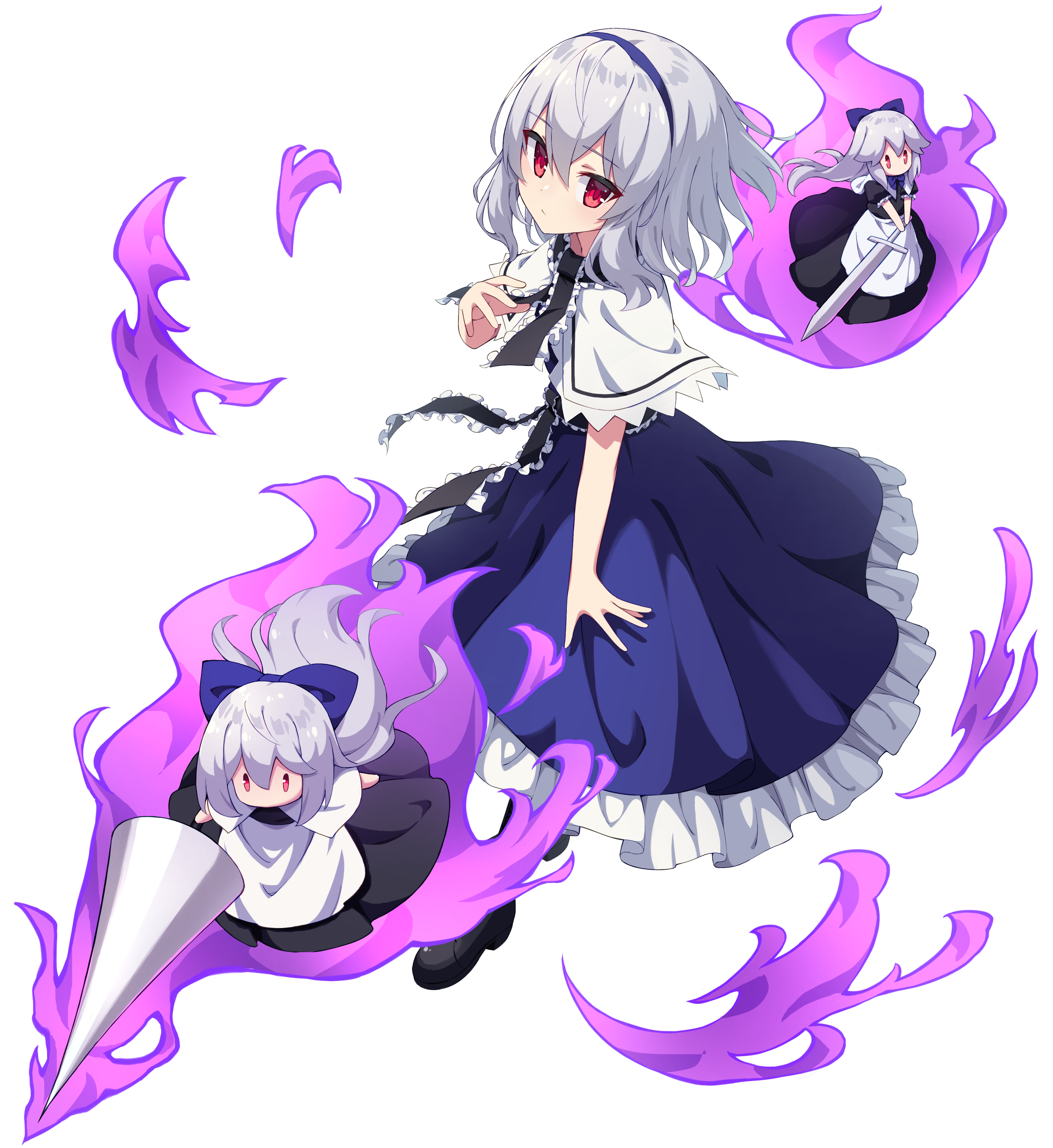 hiyaya (kochi michikaze), alice margatroid, shanghai doll, touhou, absurdres, commentary request, highres, 3girls, alternate hair color, black boots, black ribbon, blue bow, blue dress, blue hairband, boots, bow, capelet, closed mouth, dress, fire, frilled dress, frills, full body, hair between eyes, hair bow, hairband, multiple girls, purple fire, red eyes, ribbon, short hair, simple background, standing, transparent background, white capelet, white hair