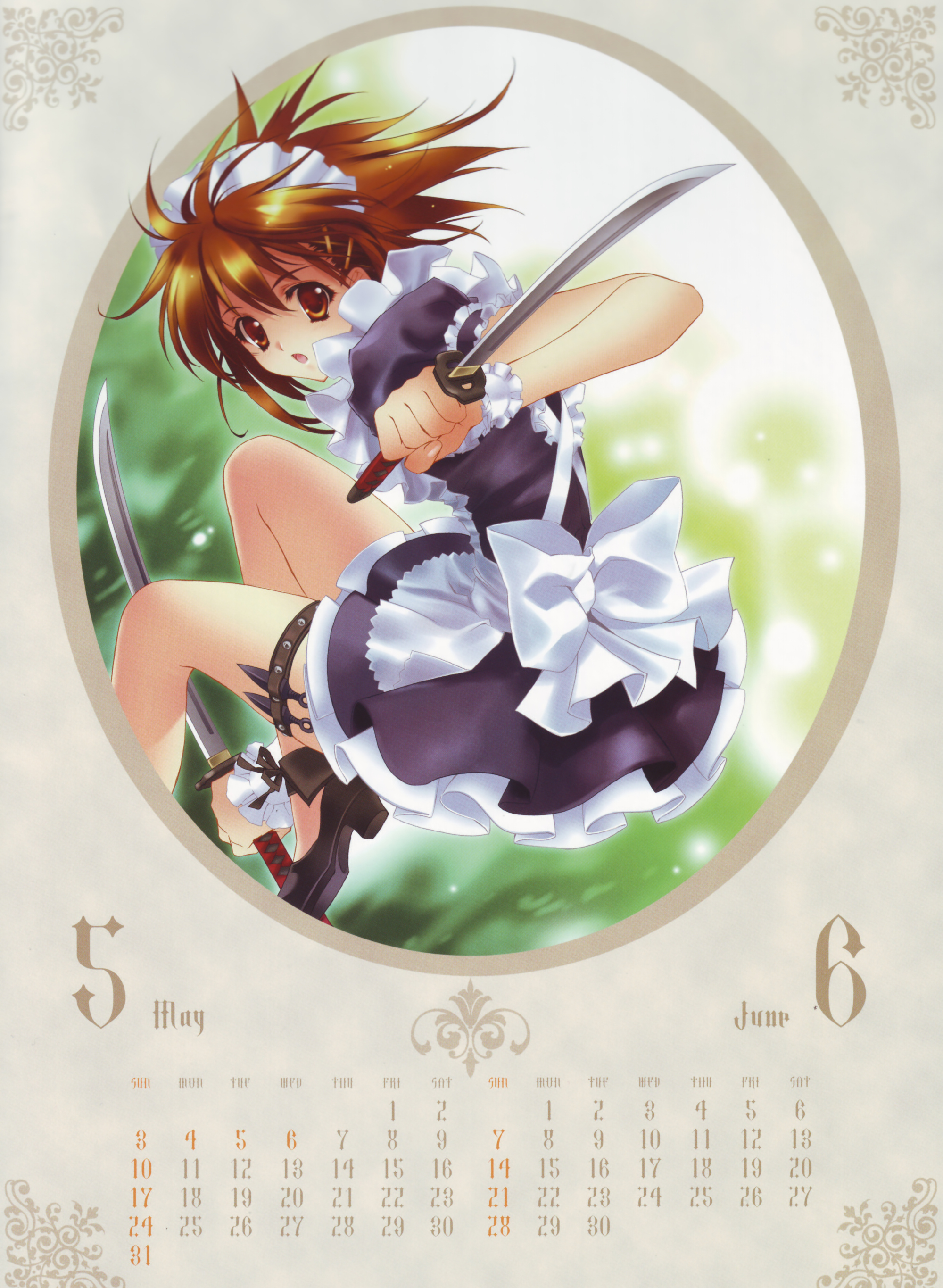 carnelian, absurdres, highres, scan, 00s, 1girl, 2009, brown eyes, brown hair, calendar, female focus, june, katana, knife, maid, may (calendar), short hair, solo, sword, weapon