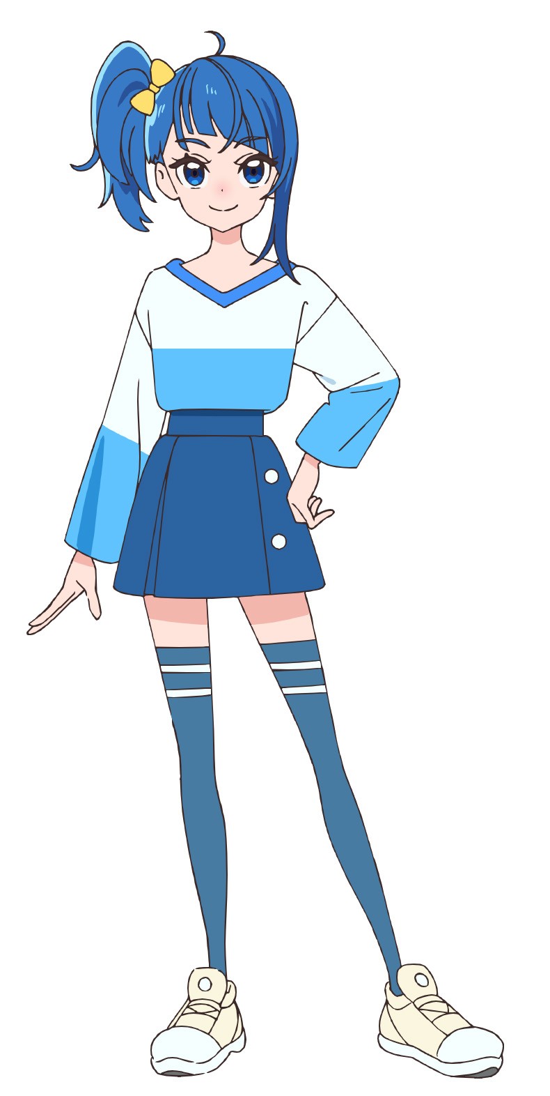 sora harewataru, hirogaru sky! precure, precure, highres, official art, second-party source, 1girl, ahoge, blue eyes, blue hair, blue skirt, blue sweater, blue thighhighs, bow, closed mouth, diagonal bangs, full body, hair bow, hand on own hip, long hair, long sleeves, looking at viewer, miniskirt, pleated skirt, shoes, side ponytail, simple background, single sidelock, skirt, smile, sneakers, solo, standing, sweater, tachi-e, thighhighs, two-tone sweater, white background, white shoes, yellow bow