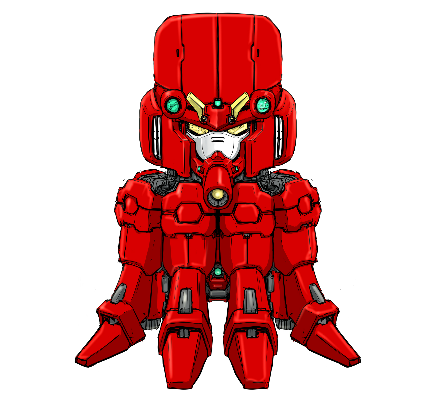 ledjoker07, g gundam, gundam, commentary request, highres, partial commentary, alternate color, alternate form, extra legs, gundam octopus, joints, looking at viewer, mecha, mobile suit, no humans, no pupils, octopus, official alternate color, robot, robot joints, science fiction, simple background, solo, v-fin, white background, yellow eyes