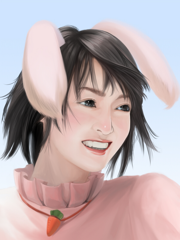 penpen (penpen1942), inaba tewi, touhou, bad id, bad pixiv id, 1girl, animal ears, black eyes, black hair, female focus, lips, portrait, rabbit ears, realistic, short hair, smile, solo