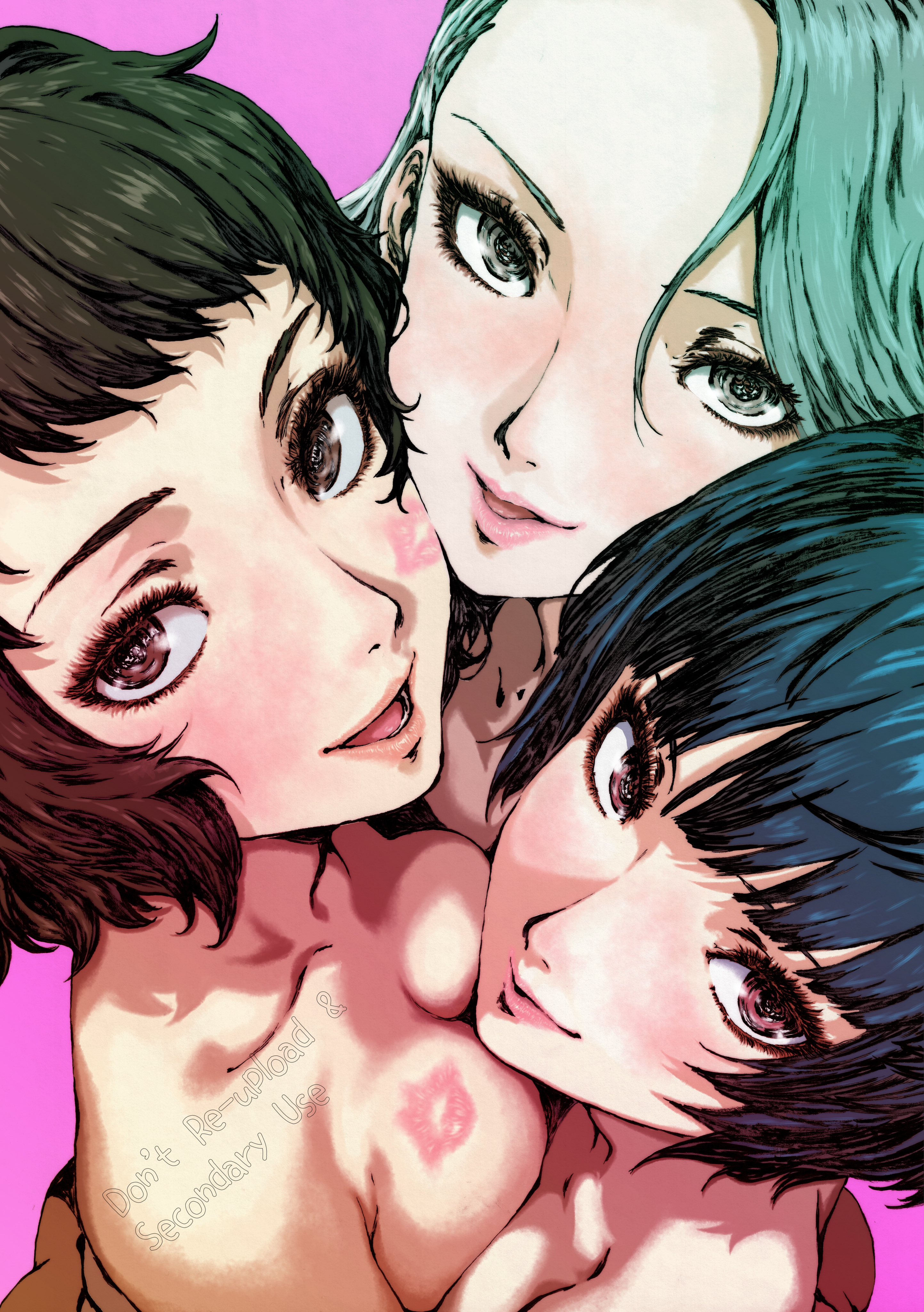 oeilvert fft, kawakami sadayo, niijima sae, takemi tae, persona, persona 5, absurdres, highres, 3girls, blue hair, breasts, brown eyes, brown hair, grey eyes, grey hair, hug, lipstick mark, looking at viewer, medium breasts, multiple girls, nude