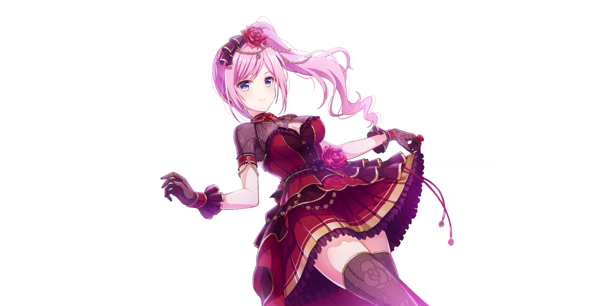 alpha (lapis re:lights), lapis re:lights, game cg, highres, official art, third-party source, 1girl, black gloves, black thighhighs, breasts, cleavage, cleavage cutout, closed mouth, clothing cutout, dot nose, dress, feet out of frame, floral print, floral print dress, flower, gloves, hair flower, hair ornament, hand up, high side ponytail, large breasts, long hair, looking at viewer, pink hair, print dress, print gloves, print thighhighs, purple eyes, red dress, red flower, red rose, rose, rose print, sidelocks, simple background, skirt hold, smile, solo, thighhighs, transparent background