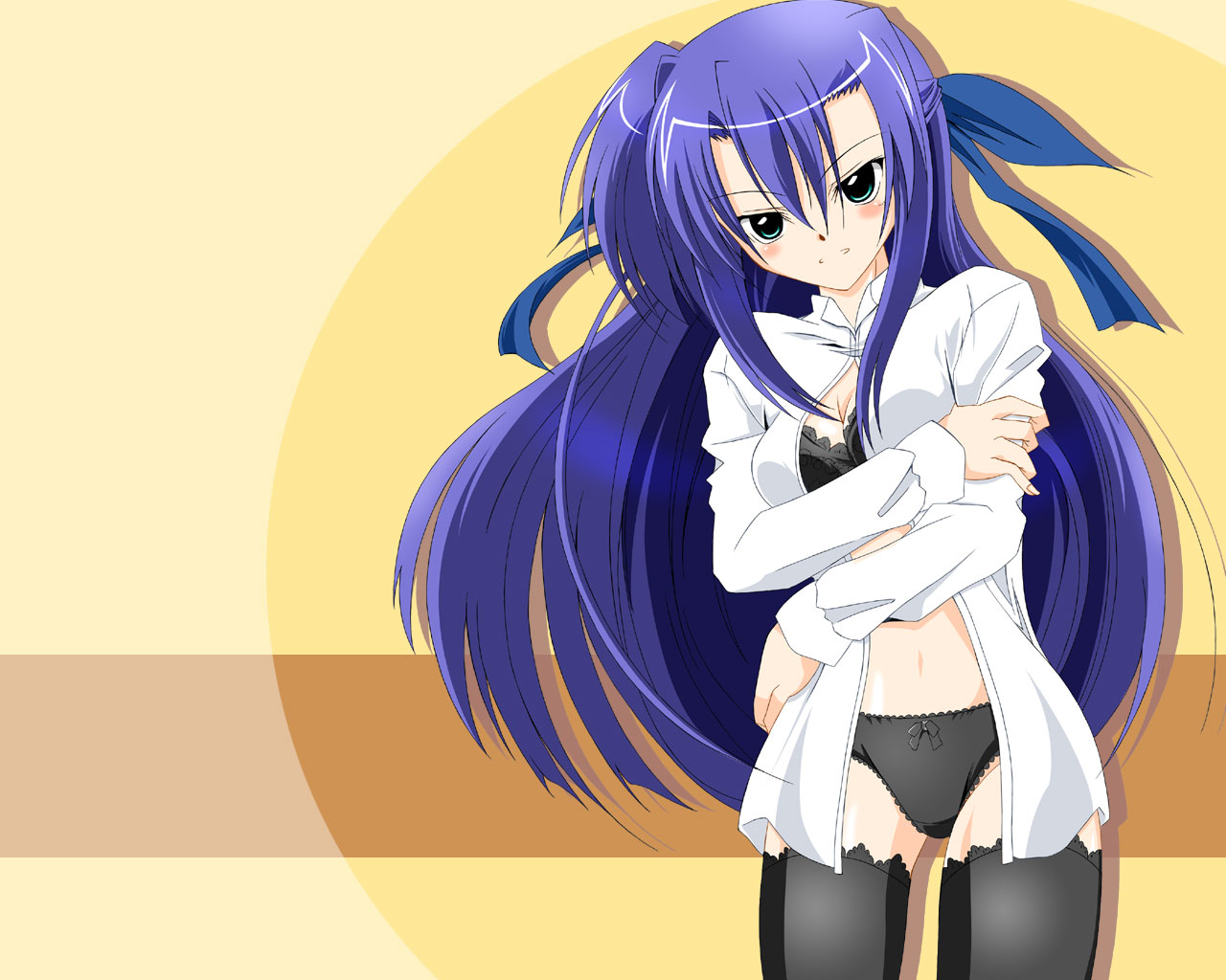kagura yuuto, ginga nakajima, lyrical nanoha, mahou shoujo lyrical nanoha, mahou shoujo lyrical nanoha strikers, 00s, angry, blush, bra, dress shirt, green eyes, lingerie, long hair, open clothes, open shirt, panties, purple hair, shirt, solo, thighhighs, underwear