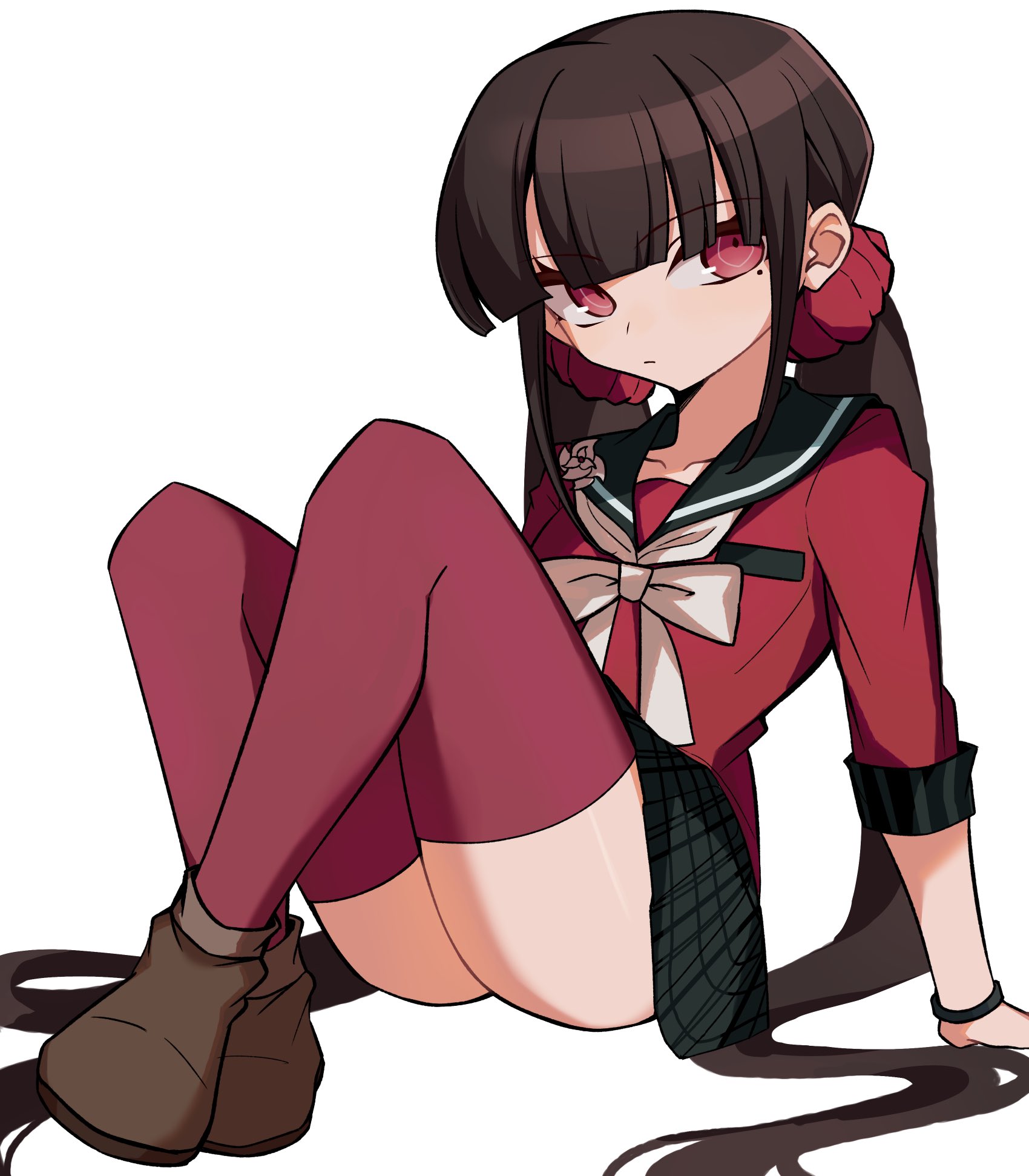 harukawa maki, danganronpa (series), danganronpa v3: killing harmony, commentary, highres, 1girl, arm support, black sailor collar, blunt bangs, bow, bowtie, brown hair, collarbone, crossed ankles, hair ornament, hair scrunchie, knees up, long hair, long sleeves, looking at viewer, low twintails, mi shengwu 3.2 hao, mole, mole under eye, pleated skirt, red eyes, red scrunchie, red shirt, red thighhighs, sailor collar, school uniform, scrunchie, serious, shirt, sitting, skirt, solo, thighhighs, twintails, very long hair, white background, white bow, white bowtie, zettai ryouiki