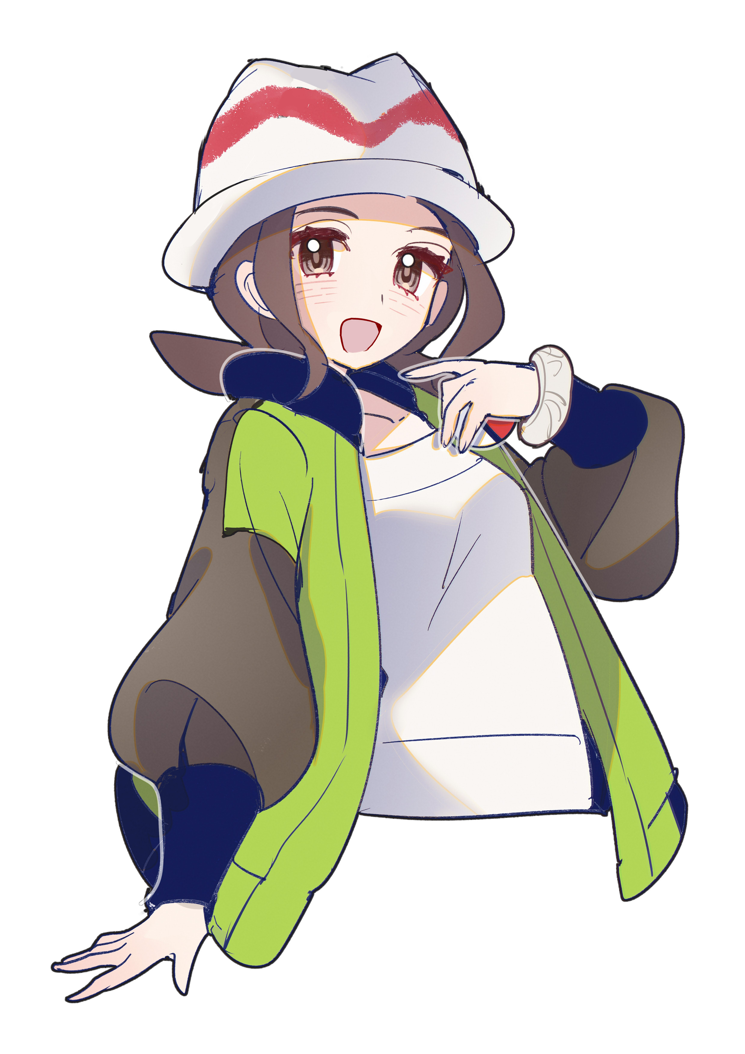 shocho (shaojiujiu), harmony (pokemon), nintendo, pokemon, pokemon legends: z-a, absurdres, highres, 1girl, blush, breasts, brown eyes, brown hair, collarbone, cropped torso, green jacket, hat, holding, holding poke ball, jacket, long sleeves, looking at viewer, mega ring, open clothes, open jacket, open mouth, poke ball, poke ball (basic), shirt, short hair, smile, striped hat, white hat, white shirt
