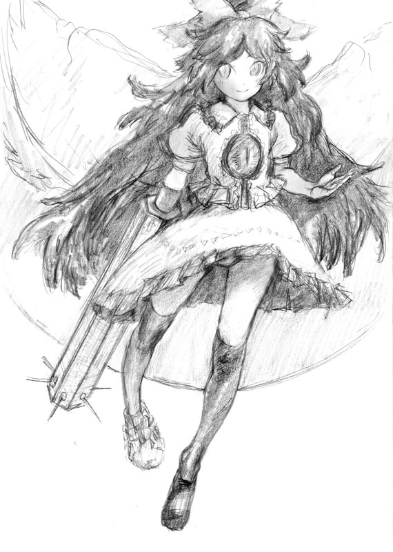 binayu, reiuji utsuho, touhou, 1girl, female focus, full body, greyscale, long hair, monochrome, skirt, solo, white background