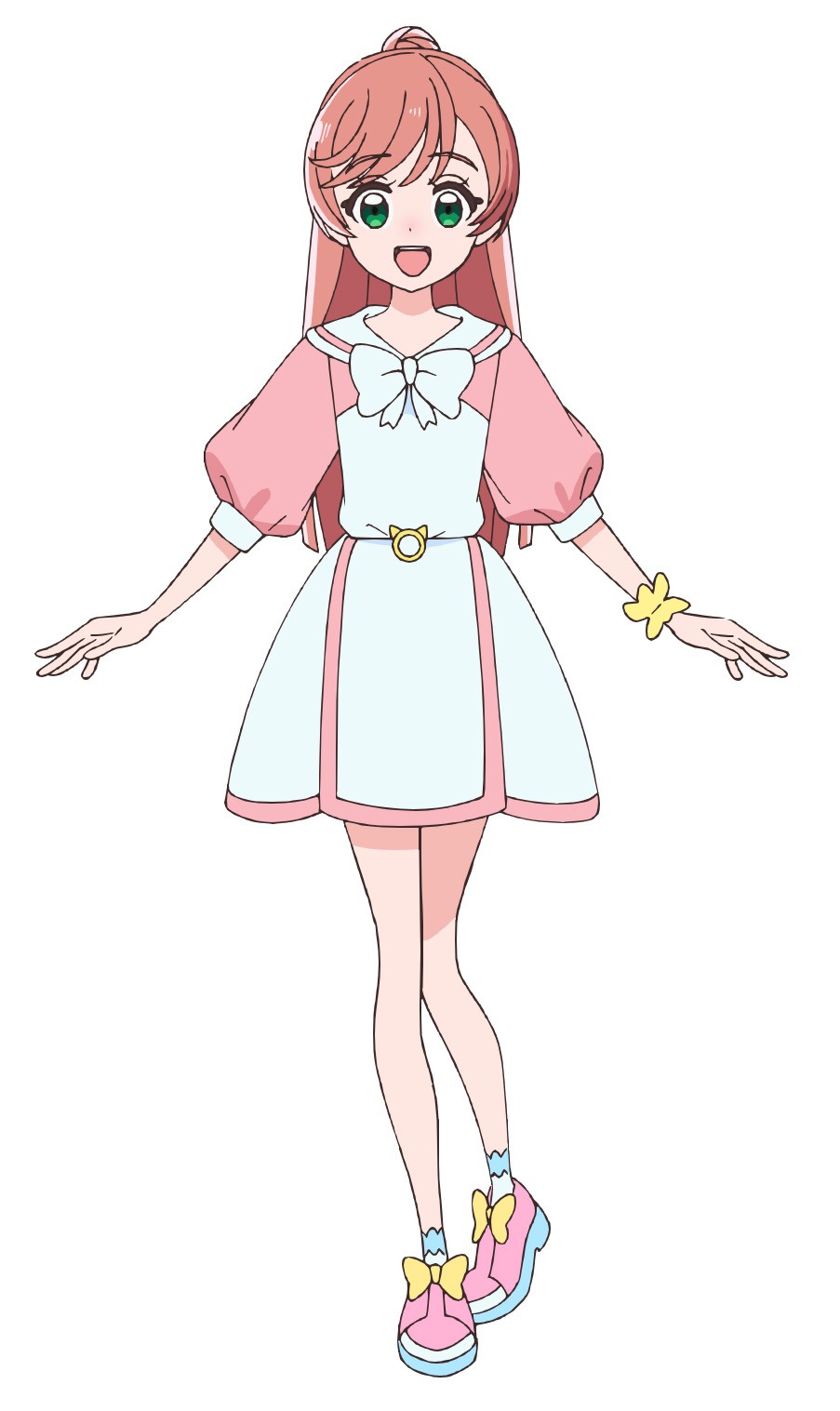 nijigaoka mashiro, hirogaru sky! precure, precure, highres, official art, second-party source, 1girl, :d, bow, brown hair, dress, full body, green eyes, hair bun, long hair, looking at viewer, open mouth, pink dress, pink shoes, puffy sleeves, shoes, simple background, smile, solo, standing, tachi-e, white background, white bow, white dress
