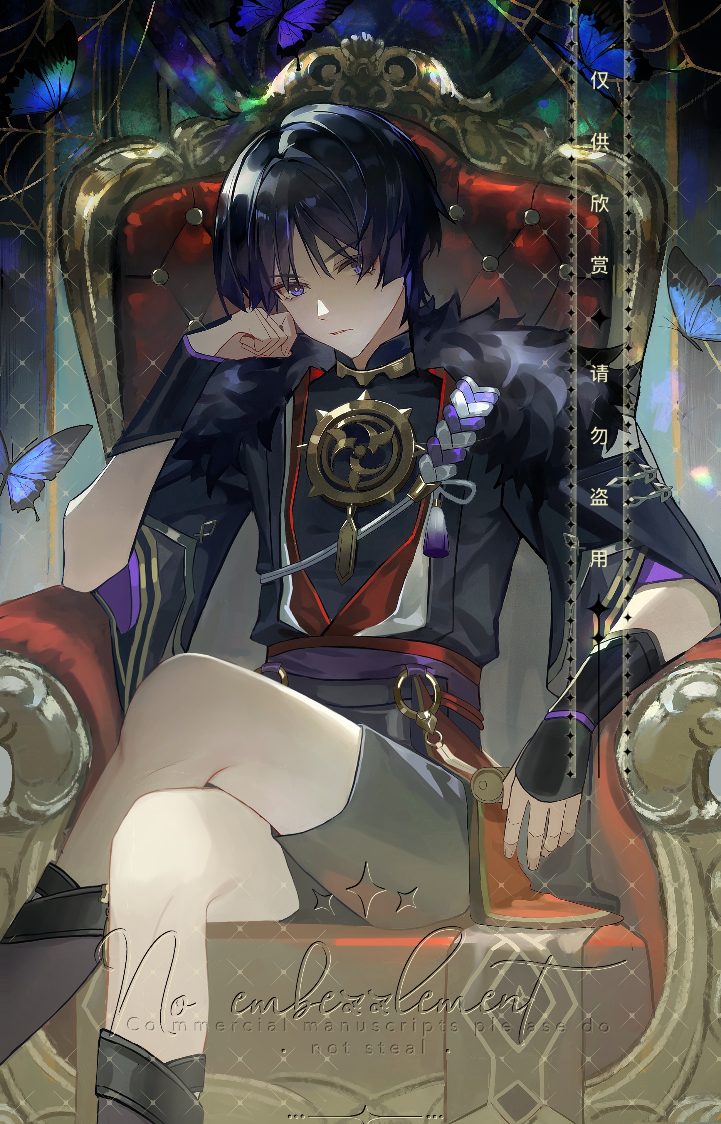 yan shen, scaramouche (genshin impact), genshin impact, absurdres, chinese commentary, duplicate, highres, 1boy, arm support, armor, belt, black bodysuit, black eyes, black hair, black kimono, black shorts, black sleeves, blunt ends, bodysuit, bug, butterfly, clenched hand, crossed legs, english text, feet out of frame, fur collar, gold, hair between eyes, hair intakes, indoors, insect, japanese armor, japanese clothes, jewelry, kimono, knee up, kote, kurokote, layered sleeves, looking at viewer, male focus, mandarin collar, mitsudomoe (shape), multicolored hair, neck ring, o-ring, open clothes, open hand, open kimono, parted bangs, purple belt, purple rope, purple sash, purple sleeves, red belt, red sash, red trim, rope, sash, shade, shimenawa, short sleeves, shorts, shoulder strap, sitting, sitting on throne, solo, tassel, throne, tomoe (symbol), upper body, white rope, white trim