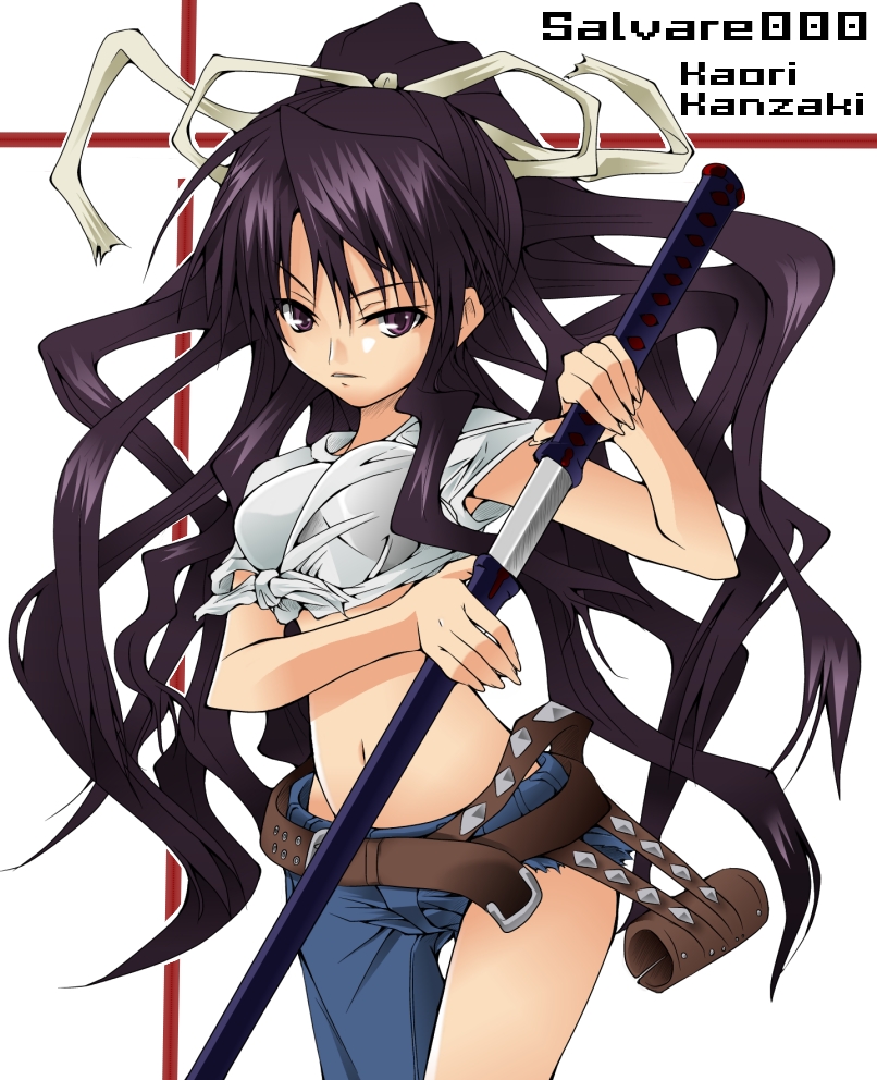 naz (garyuuya), kanzaki kaori, toaru majutsu no index, bad id, 00s, 1girl, armpit peek, asymmetrical clothes, belt, breasts, female focus, hair ribbon, large breasts, long hair, midriff, navel, ponytail, purple eyes, purple hair, ribbon, shirt, single pantsleg, solo, sword, t-shirt, weapon