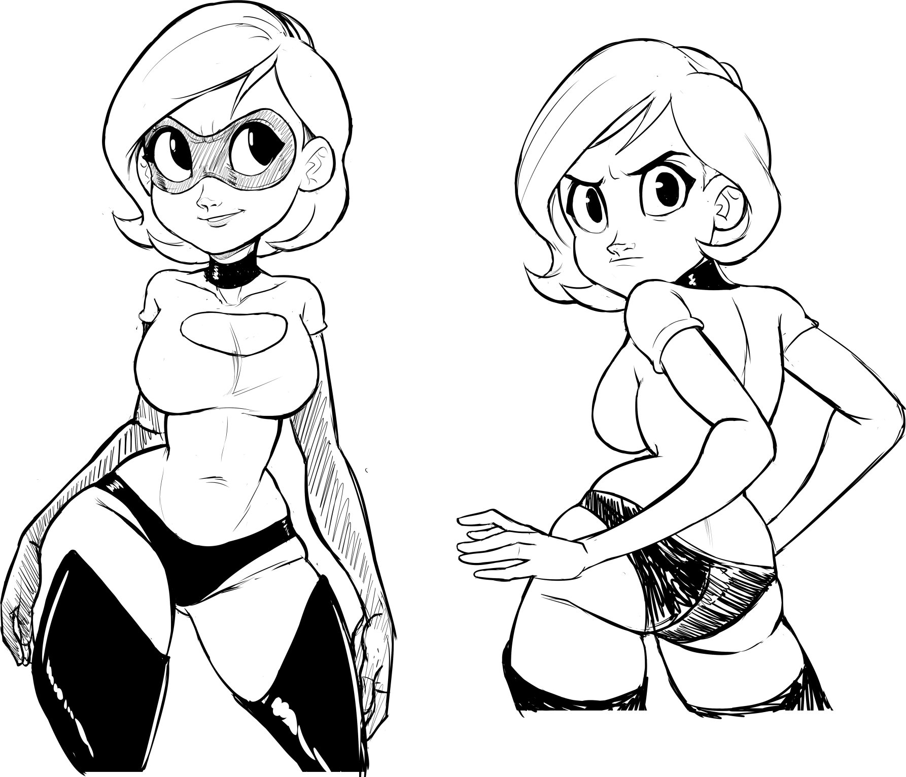 teevo, elastigirl, pixar, the incredibles, ass, boots, breasts, butt crack outline, cleavage, face mask, gloves, looking at viewer, looking back, mask, mature female, short hair, sideboob, sketch, spandex, superhero costume, thigh boots
