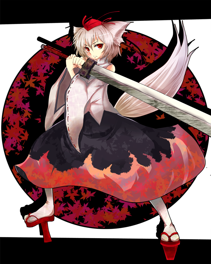 torayamato, inubashiri momiji, touhou, silver hair, bad id, bad pixiv id, 1girl, animal ears, detached sleeves, female focus, geta, hat, leaf, red eyes, short hair, solo, sword, tail, tengu-geta, weapon, wolf ears, wolf tail
