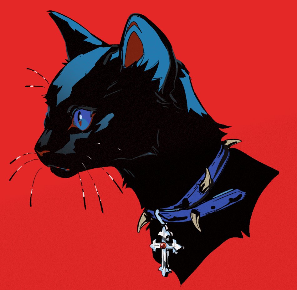 sam (kyaptainkiddo), scourge (warrior cats), the prophecies begin, warrior cats, animal, animal focus, black cat, blue eyes, cat, collar, cropped head, cross, from side, no humans, profile, red background, simple background, solo, spiked collar, spikes, whiskers