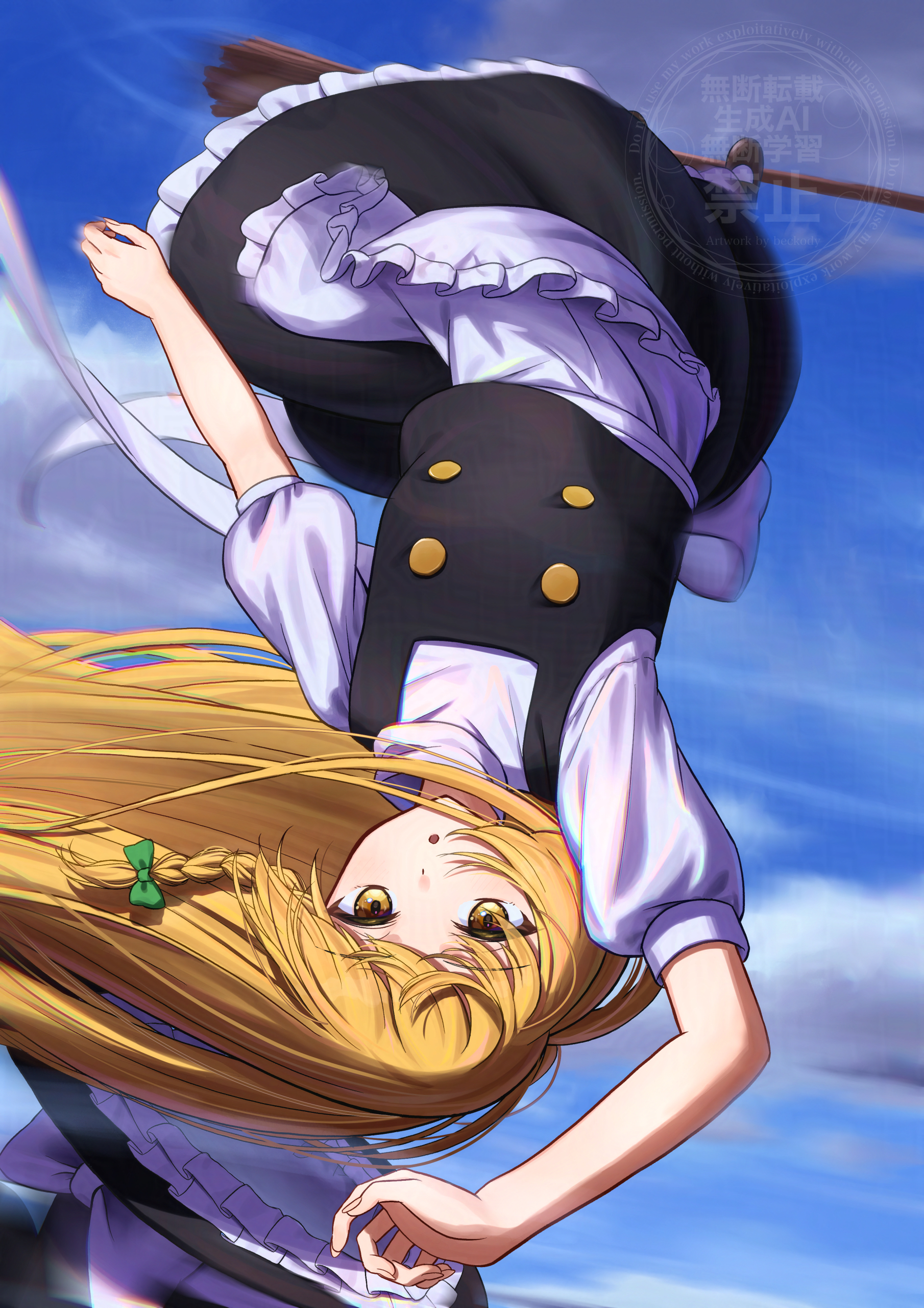 beckody, kirisame marisa, touhou, absurdres, commentary request, highres, 1girl, apron, black hat, black skirt, black vest, blonde hair, blue sky, bow, braid, broom, broom surfing, cloud, day, green bow, hair bow, hat, hat bow, looking at viewer, outdoors, puffy short sleeves, puffy sleeves, short sleeves, side braid, single braid, skirt, sky, solo, upside-down, vest, waist apron, watermark, white bow, witch hat, yellow eyes