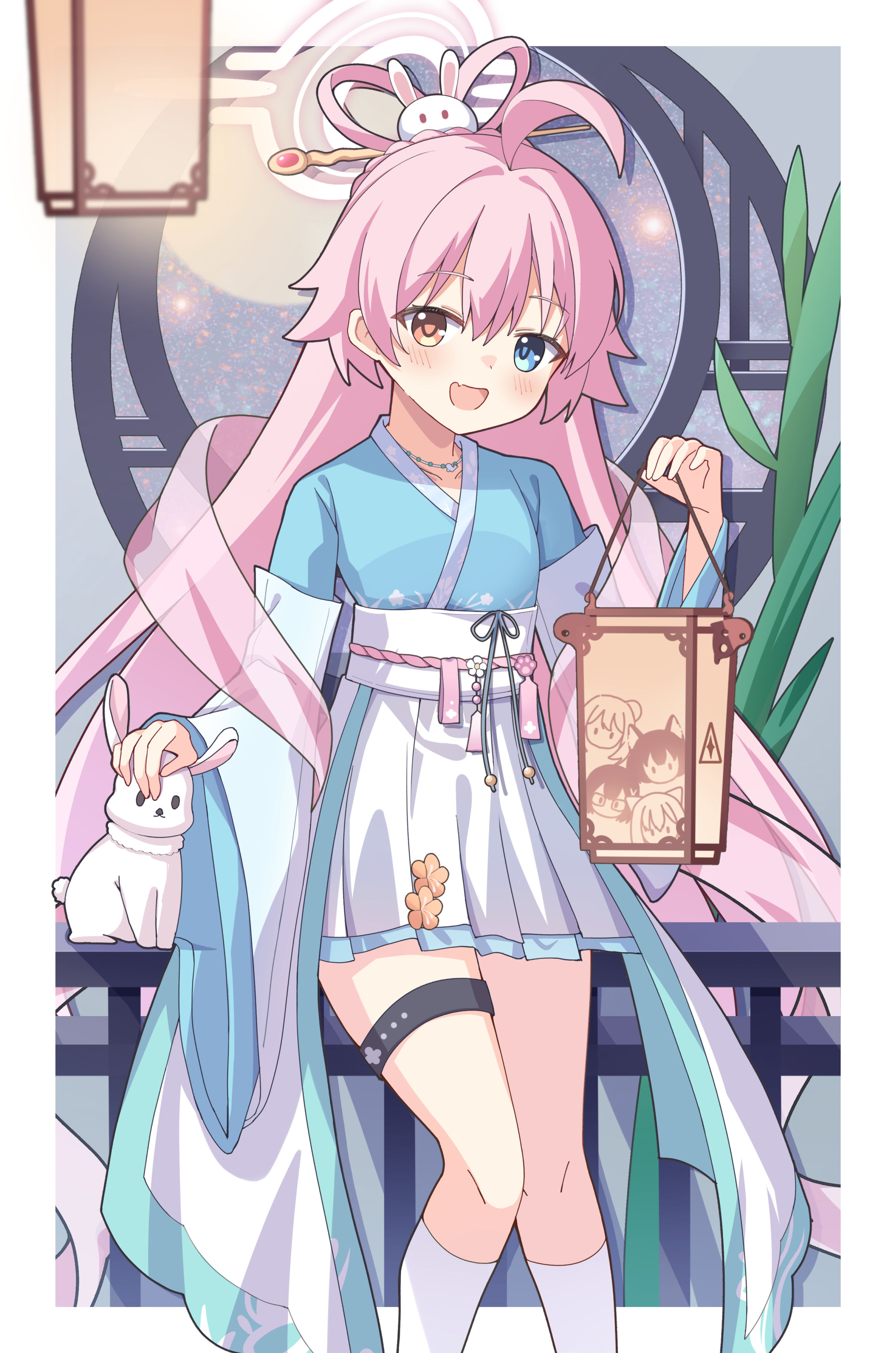 kk0220, hoshino (blue archive), blue archive, absurdres, highres, 1girl, :d, ahoge, blue eyes, blush, chinese clothes, feet out of frame, feixianji (hairstyle), full moon, hagoromo, hair between eyes, hair ornament, hair rings, hair stick, halo, hanfu, heterochromia, holding, holding lantern, hoshino (mid-autumn festival) (blue archive), japanese clothes, jewelry, kimono, kneehighs, lantern, leg ribbon, long hair, long sleeves, looking at viewer, moon, necklace, official alternate costume, official alternate hairstyle, open mouth, pink hair, pleated skirt, rabbit, ribbon, sash, shawl, skirt, smile, socks, solo, thigh strap, very long hair, white skirt, white socks, wide sleeves, yellow eyes