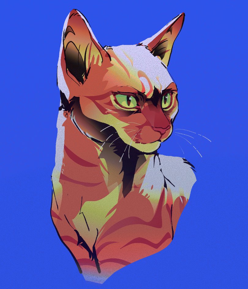 sam (kyaptainkiddo), firestar (warrior cats), warrior cats, animal, animal focus, blue background, cat, green eyes, no humans, orange cat, simple background, solo, tabby cat, whiskers