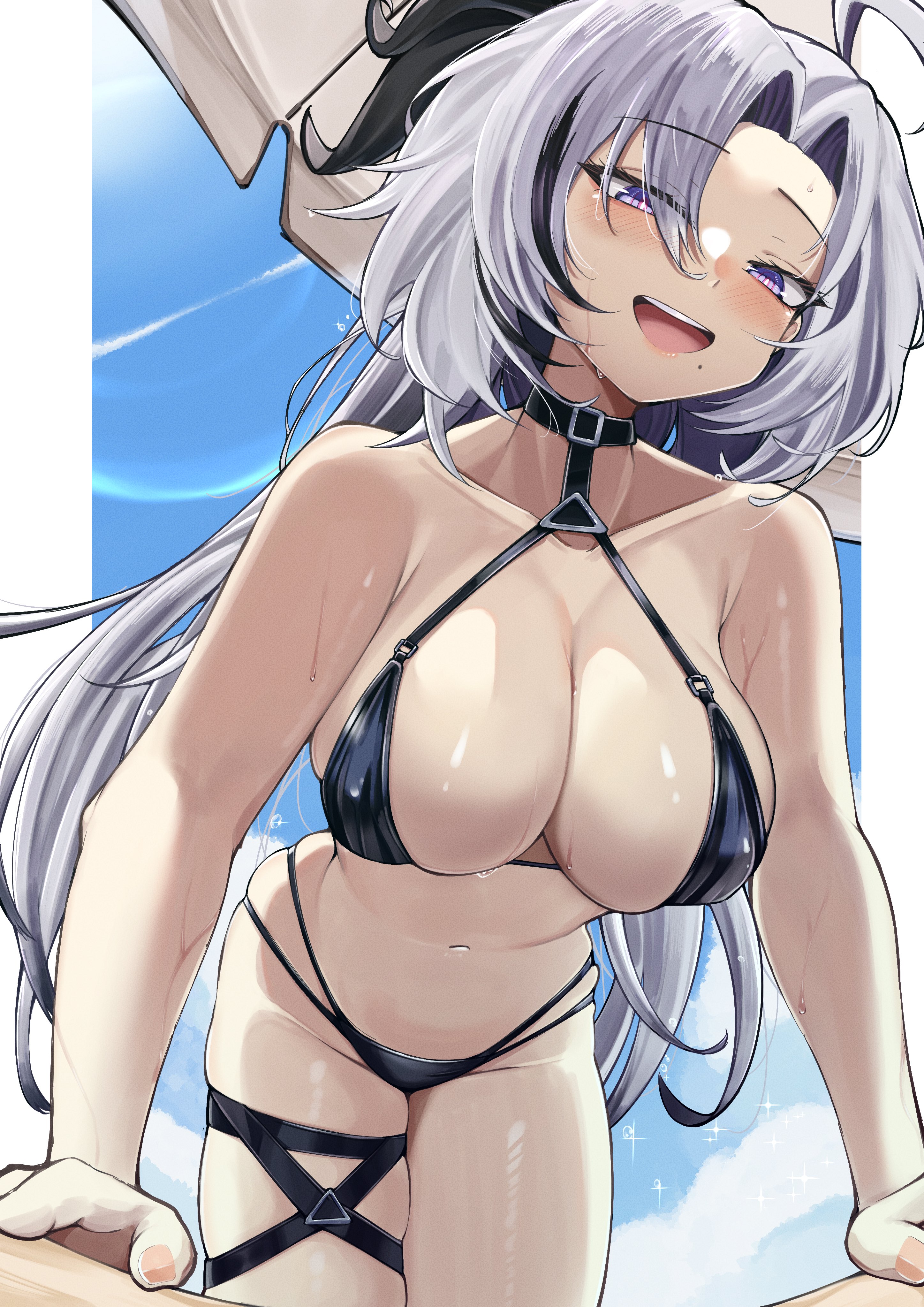 kuzumotsu, apc9k (girls' frontline), girls' frontline, absurdres, highres, 1girl, ahoge, bikini, black bikini, blue sky, blush, breasts, cleavage, cloud, cloudy sky, from below, grey hair, hair intakes, large breasts, long hair, looking at viewer, mole, mole under mouth, multi-strapped bikini bottom, navel, purple eyes, sky, smile, solo, swimsuit, thigh strap, thighs