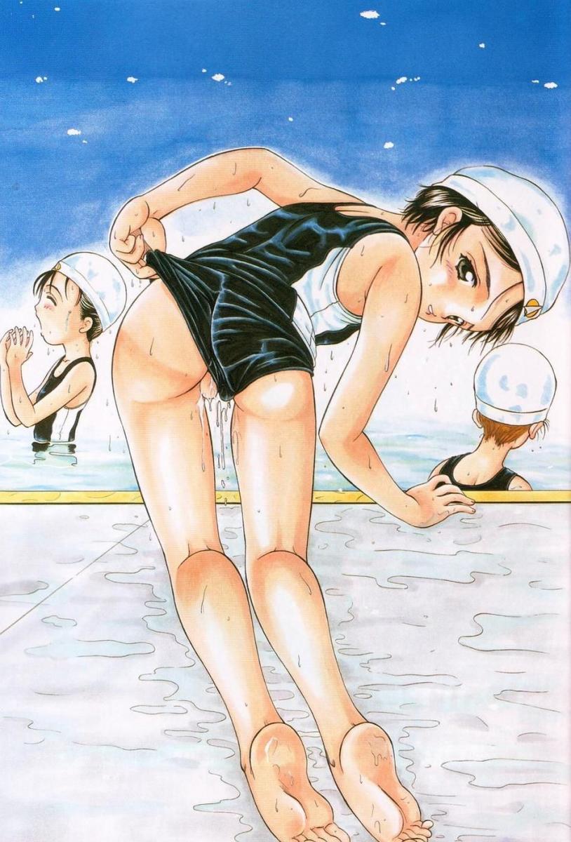 highres, tagme, barefoot, blush, clothes pull, one-piece swimsuit pull, pool, self wedgie, swim cap, swimsuit, wedgie