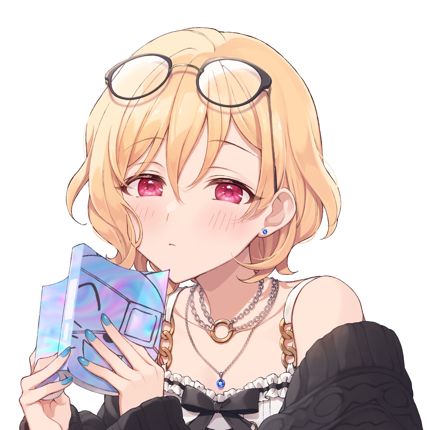 masami (souzou jinsei sanka), akira ray, nijisanji, nijisanji kr, highres, 1girl, akira ray (2nd costume), black cardigan, black ribbon, blue nails, blush, book, cardigan, eyewear on head, glasses, holding, holding book, jewelry, necklace, open book, ribbon