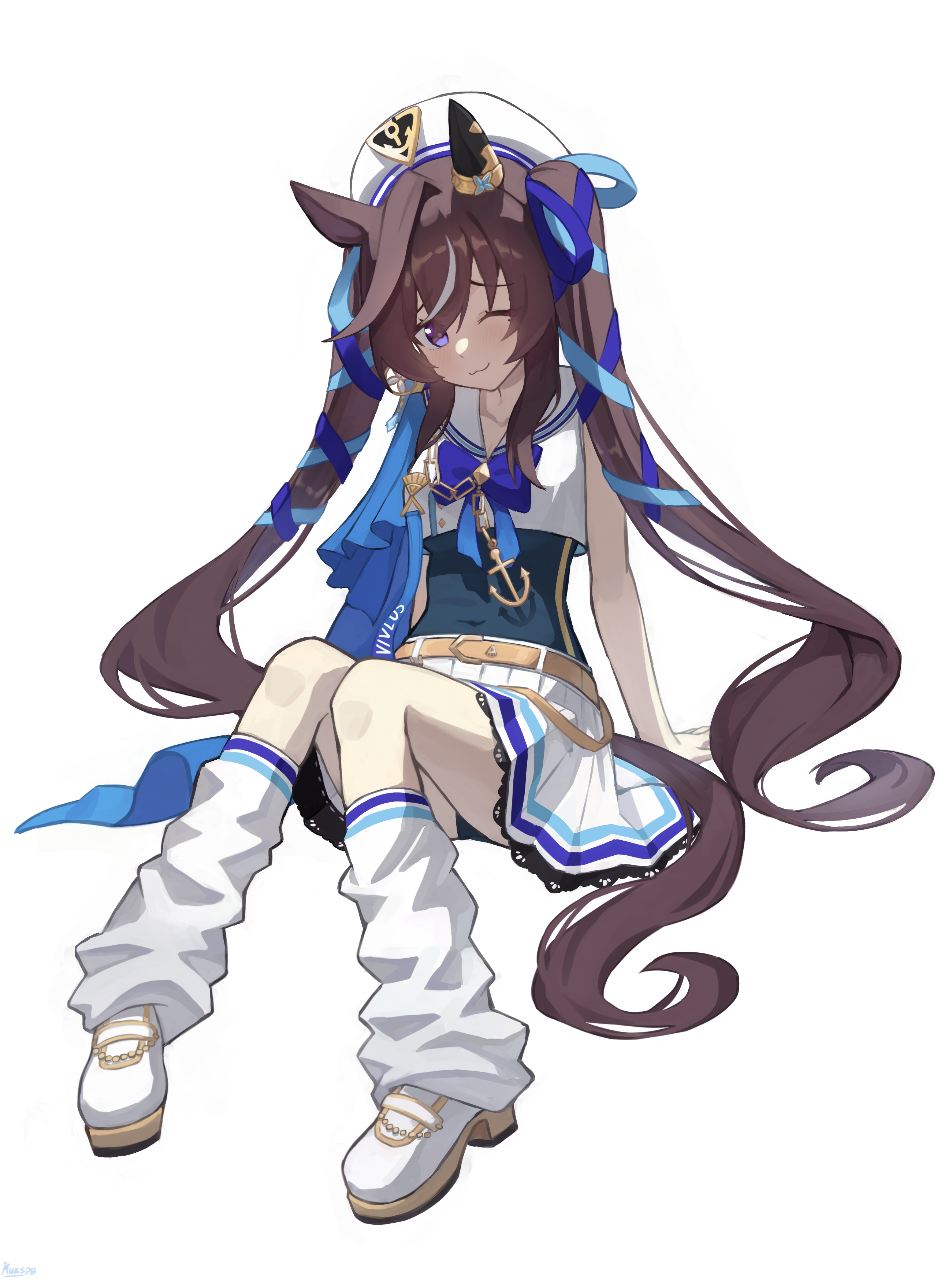 kuaspa, vivlos (umamusume), vivlos (voyage etincelant) (umamusume), umamusume, absurdres, commentary request, highres, 1girl, :3, anchor necklace, animal ears, armpits, belt, blue bow, blue bowtie, blue capelet, blue ribbon, bow, bowtie, brown belt, brown hair, capelet, character name, closed mouth, covered navel, ear covers, from side, full body, hair between eyes, hair ribbon, horse ears, horse girl, jewelry, long hair, looking at viewer, loose socks, multicolored hair, necklace, on ground, one eye closed, purple eyes, ribbon, sailor collar, sailor shirt, shirt, sidelocks, simple background, single ear cover, skirt, sleeveless, sleeveless shirt, smile, socks, solo, streaked hair, twintails, white background, white hair, white shirt, white skirt, white socks