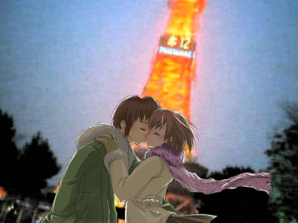 kyon, sasaki, sasaki (suzumiya haruhi), suzumiya haruhi no yuuutsu, hand on shoulder, 00s, 1boy, 1girl, blush, brown hair, coat, couple, hands in pockets, hetero, jacket, kiss, night, scarf, short hair, shoulder grab, skirt, sky, tokyo tower, tree