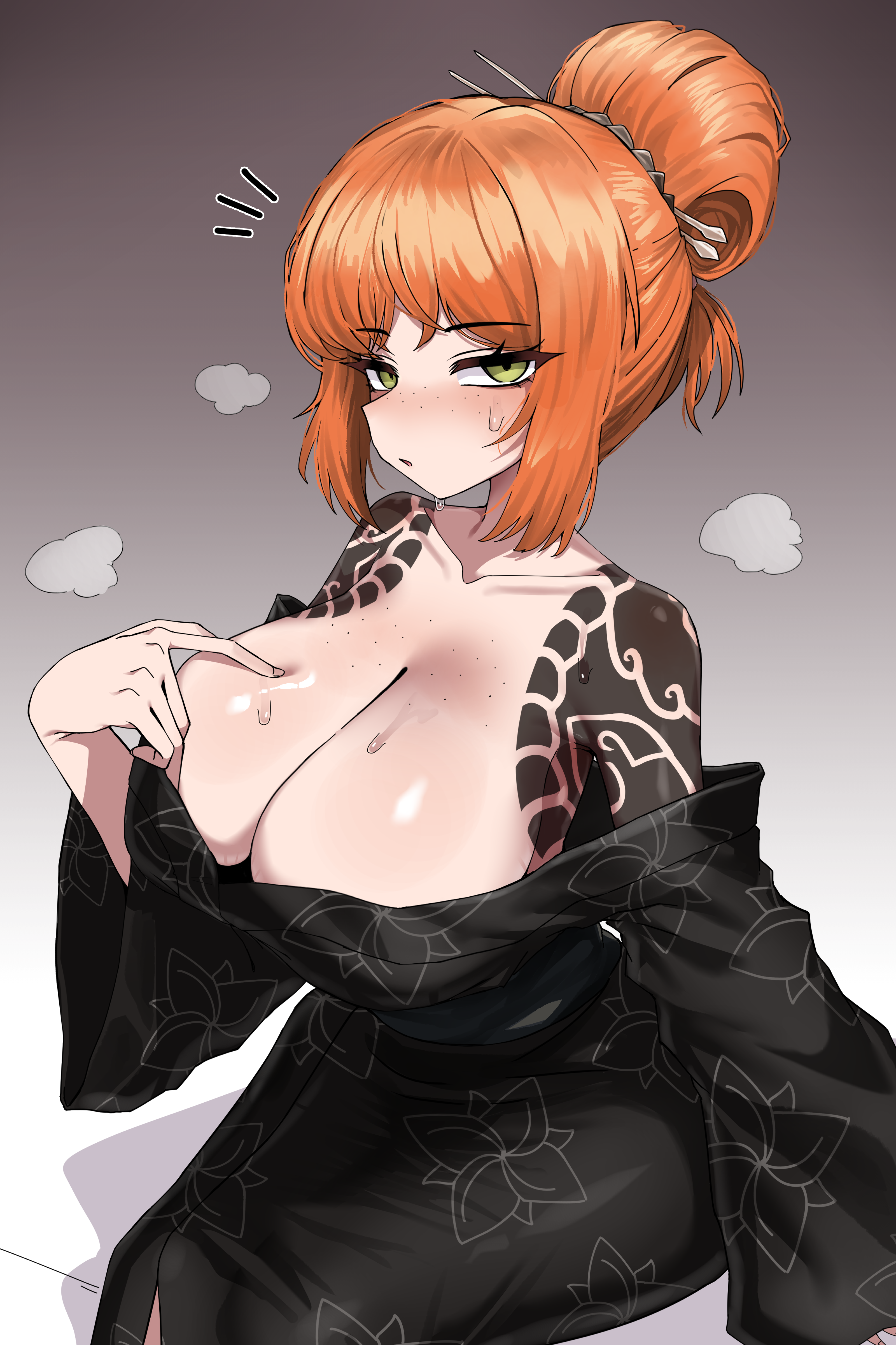 hahyaha, ishmael (project moon), limbus company, project moon, absurdres, highres, 1girl, arm tattoo, bare shoulders, black kimono, blush, breasts, cleavage, gradient background, green eyes, grey background, hair ornament, hair rings, hairpin, japanese clothes, kimono, large breasts, long hair, looking at viewer, off shoulder, orange hair, print kimono, simple background, sitting, solo, sweat, tattoo