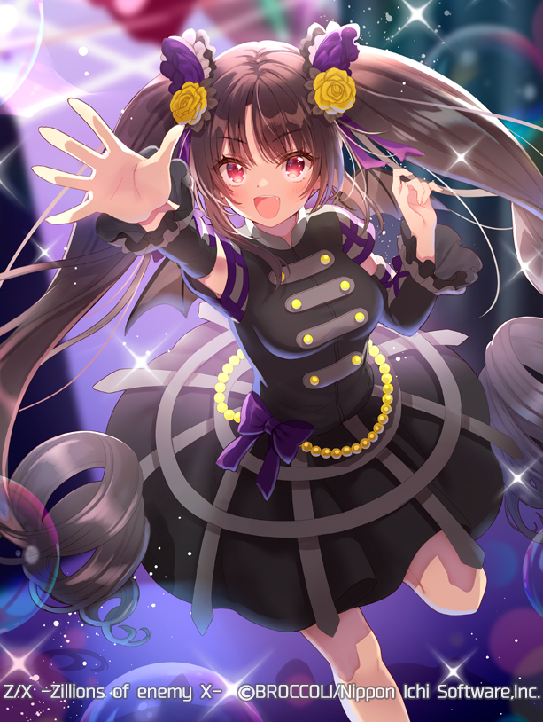 serino itsuki, z/x, official art, 1girl, arane (z/x), black dress, black hair, bow, copyright notice, dress, drill hair, flower, hair flower, hair ornament, long hair, open mouth, purple bow, purple flower, reaching, reaching towards viewer, red eyes, solo, sparkle, standing, standing on one leg, twin drills, very long hair, yellow flower