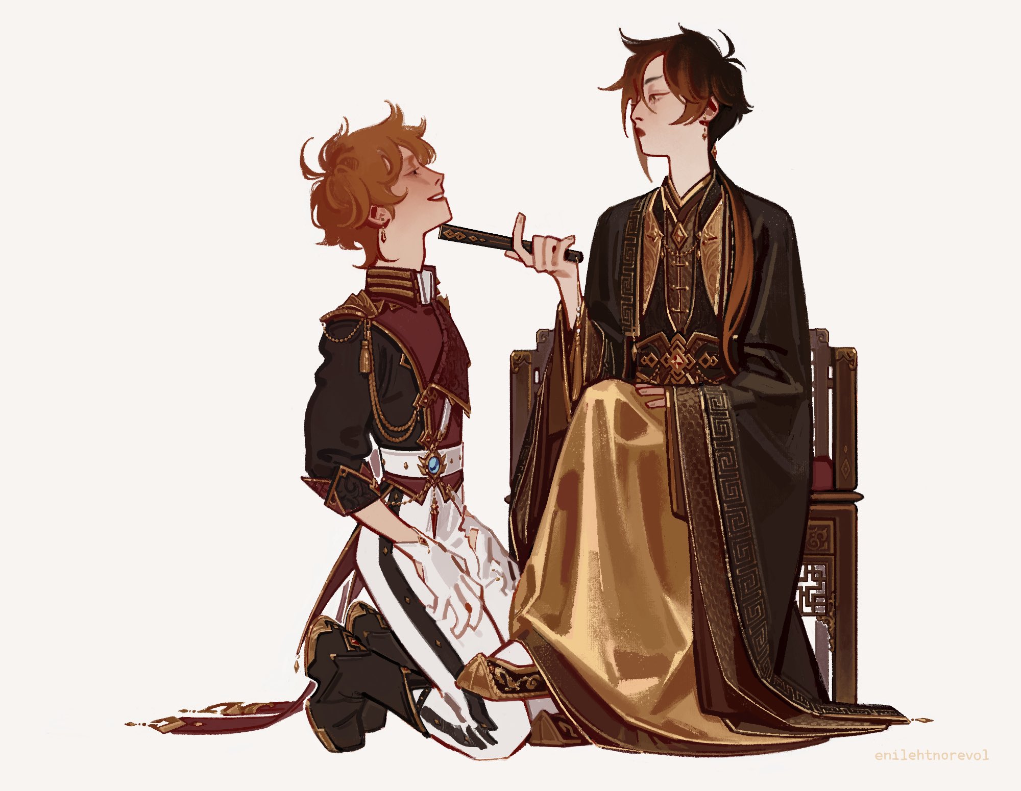 enilehtnorevol, tartaglia (genshin impact), zhongli (genshin impact), genshin impact, highres, 2boys, aiguillette, alternate costume, antenna hair, artist name, asian, belt, belt around waist, blue eyes, boots, brown boots, brown eyes, brown hair, brown hanfu, brown shirt, chair, chinese clothes, closed mouth, collared shirt, colored tips, earrings, epaulettes, eye contact, gloves, gold trim, gradient hair, half-closed eyes, hand fan, hand on own leg, hands on own thighs, high collar, holding, holding fan, jewelry, kneeling, looking at another, low ponytail, meandros trim, multicolored hair, multiple boys, open mouth, orange hair, pants, ponytail, red lips, red shirt, shirt, simple background, single earring, single sidelock, single vertical stripe, sitting, slavic clothes, sleeves rolled up, smile, spread legs, striped clothes, striped pants, tassel, teeth, two-tone hair, two-tone shirt, vertical-striped clothes, vertical-striped pants, wavy hair, white background, white belt, white gloves, white pants, wide sleeves, wolf cut