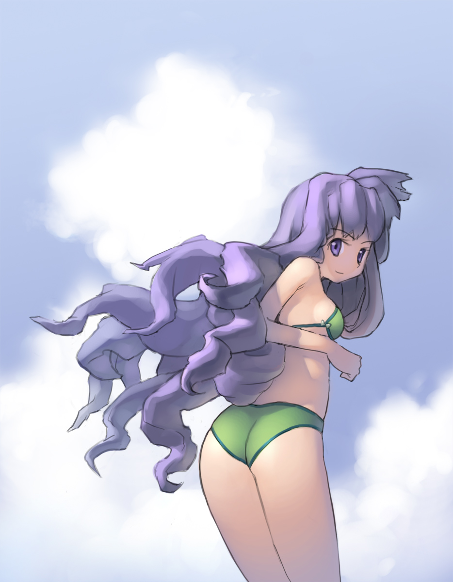ddal, bad id, bad pixiv id, highres, 1girl, ass, bikini, cloud, day, female focus, green bikini, long hair, purple eyes, purple hair, sky, solo, swimsuit