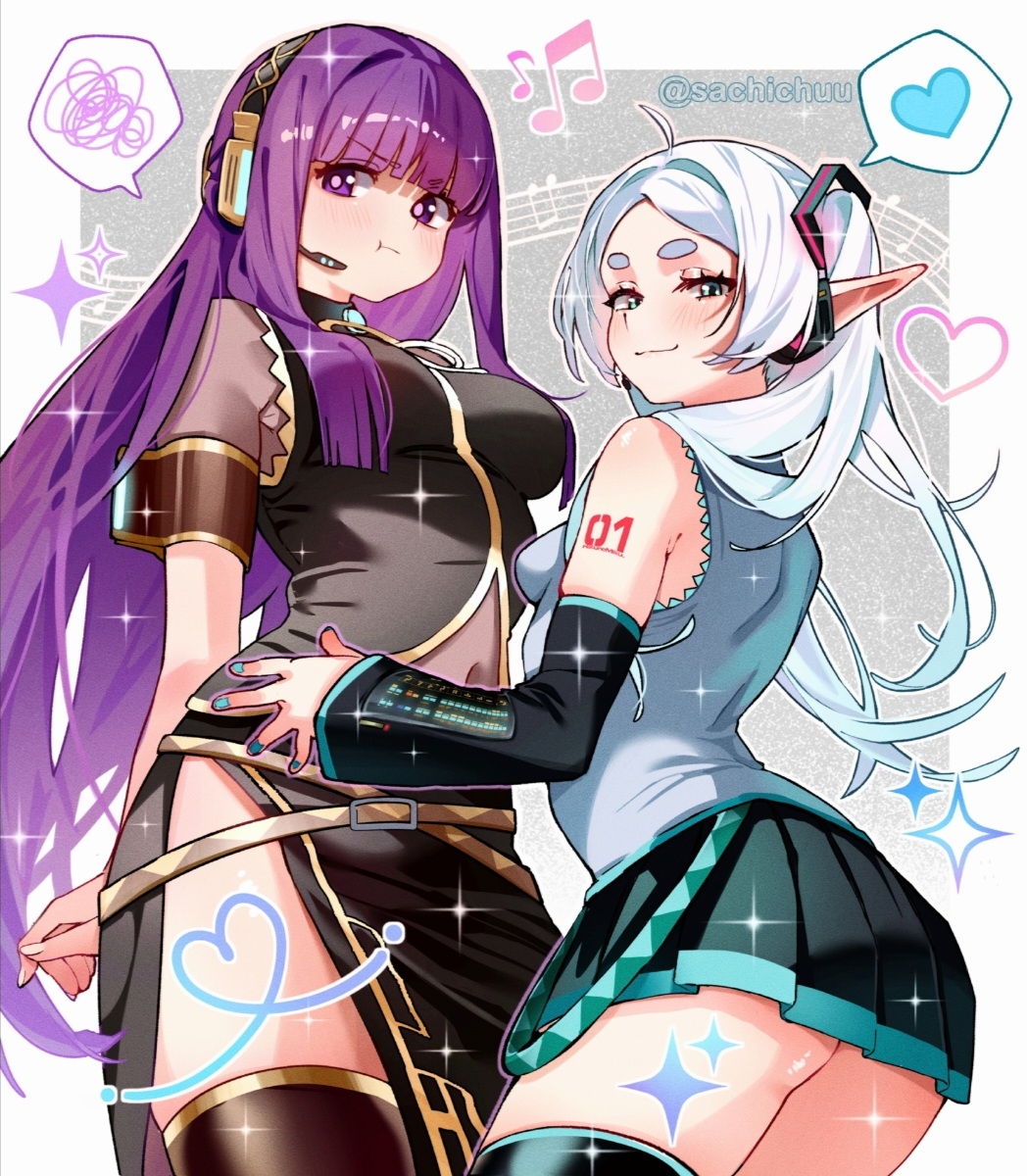 sachichuu, fern (sousou no frieren), frieren, hatsune miku, megurine luka, sousou no frieren, vocaloid, commentary, english commentary, highres, 2girls, :t, aqua nails, arm tattoo, beamed eighth notes, black dress, black skirt, black sleeves, black thighhighs, blunt bangs, blush, border, breasts, closed mouth, cosplay, cowboy shot, detached sleeves, dress, eighth note, elf, fingernails, green eyes, grey hair, grey shirt, hand on another's hip, hatsune miku (cosplay), headphones, headset, heart, height difference, long hair, long pointy ears, looking at viewer, megurine luka (cosplay), microphone, miniskirt, multiple girls, musical note, nail polish, navel, number tattoo, outside border, parted bangs, pleated skirt, pointy ears, pout, purple eyes, purple hair, shirt, short eyebrows, side slit, skirt, sleeveless, sleeveless shirt, small breasts, smile, spoken heart, spoken squiggle, squiggle, standing, tattoo, thick eyebrows, thighhighs, twitter username, underbutt, v-shaped eyebrows, very long hair, white border