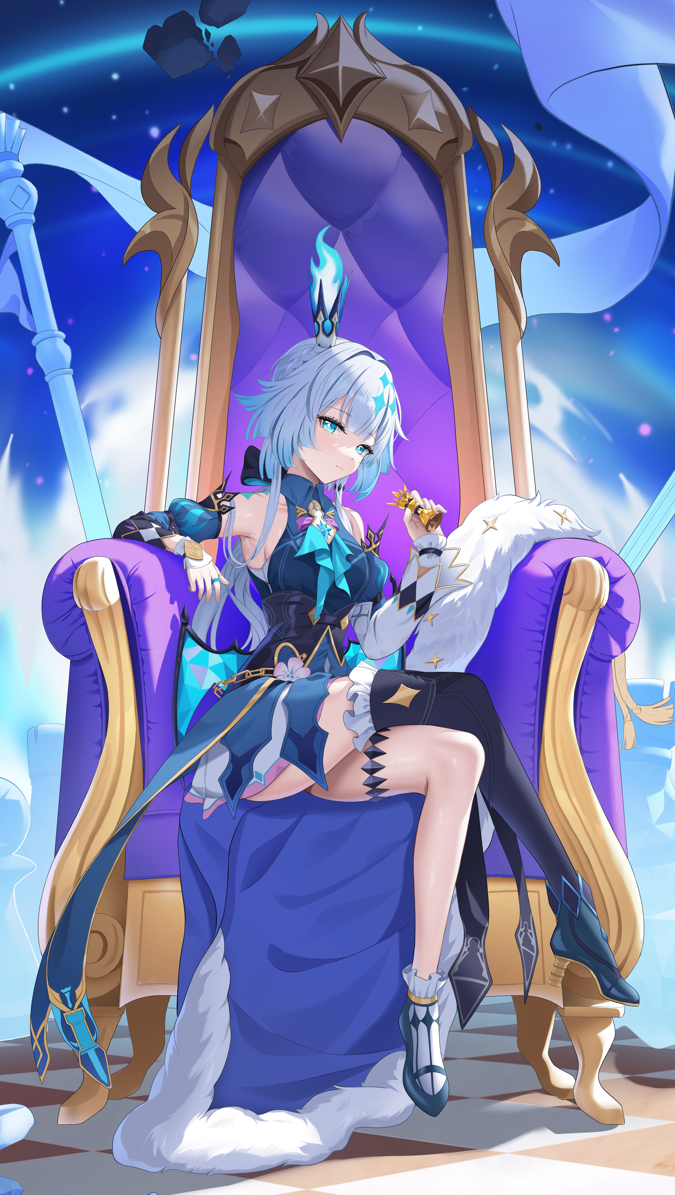 kesa pasa, cerydra (honkai: star rail), honkai: star rail, honkai (series), absurdres, highres, 1girl, bare shoulders, blue dress, blue eyes, blue hair, breasts, bright pupils, chess piece, crossed legs, crown, detached sleeves, dress, hair intakes, holding, holding chess piece, holding scepter, long hair, long sleeves, looking at viewer, medium breasts, mini crown, multicolored hair, scepter, single thighhigh, sitting, sitting on throne, solo, thighhighs, white pupils