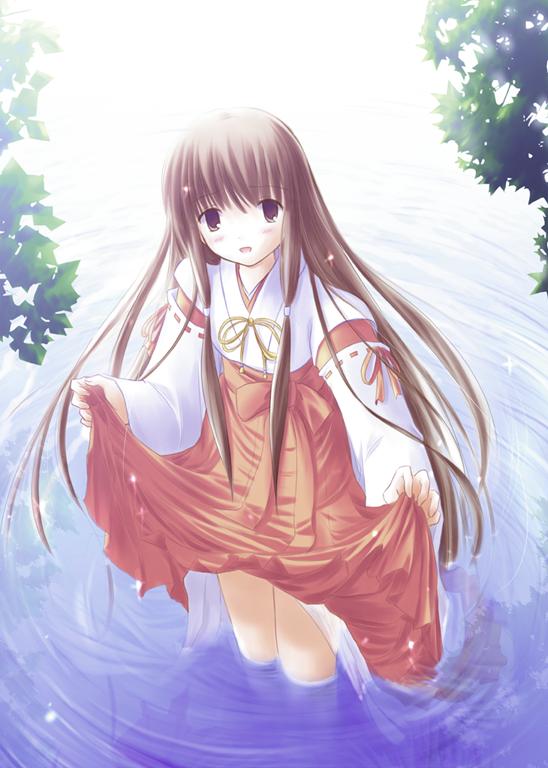 nimura yuuji, arima suzuka, over (company), tsuki kagerou, non-web source, 00s, 1girl, blush, brown eyes, brown hair, clothes lift, dress, dress lift, female focus, japanese clothes, long hair, miko, nature, outdoors, skirt hold, solo, very long hair, wading, water, wet, wet clothes