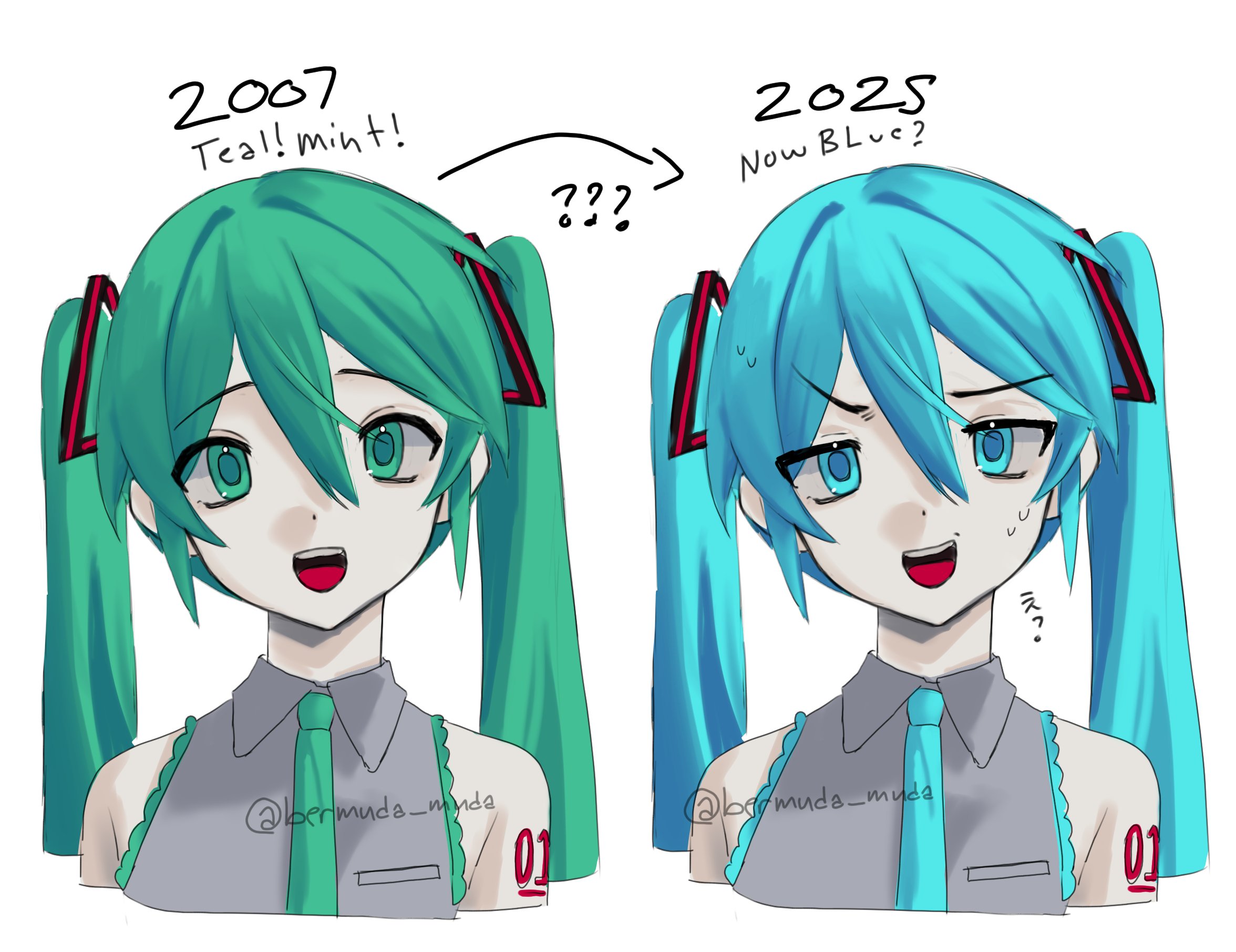 bermuda muda, highres, ?, ??, aqua eyes, aqua hair, aqua necktie, arm tattoo, arrow (symbol), before and after, collared shirt, green eyes, green hair, green necktie, grey shirt, hair between eyes, hair intakes, hair ornament, long hair, necktie, number tattoo, shirt, simple background, sleeveless, sleeveless shirt, tattoo, twitter username, white background