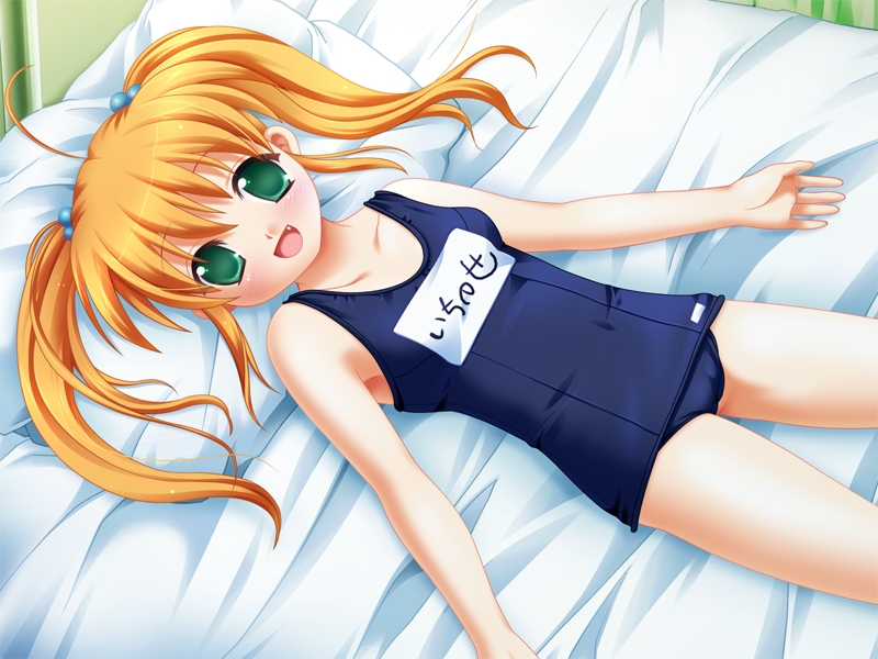 tatsumi neon, ichinose marin, ojousama kumikyoku, game cg, non-web source, 1girl, bed, blonde hair, cameltoe, fang, female focus, green eyes, long hair, lying, name tag, one-piece swimsuit, pillow, school swimsuit, solo, swimsuit, twintails