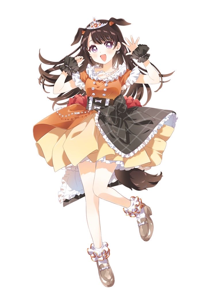 namori, kubota miyu, real life, 1girl, animal ears, arm scrunchie, bead necklace, beads, black bow, black hair, black scrunchie, black skirt, bow, breasts, brown shoes, buttons, collarbone, dog ears, dog tail, earrings, frilled shirt, frilled skirt, frilled sleeves, frilled socks, frills, full body, high-waist skirt, jewelry, leg up, loafers, looking at viewer, medium breasts, necklace, open hand, open mouth, orange shirt, orange skirt, overskirt, petticoat, plaid clothes, plaid skirt, pleated skirt, purple eyes, scrunchie, shirt, shoes, short sleeves, silver tiara, simple background, skirt, smile, socks, solo, standing, tail, white background, white socks, yellow skirt