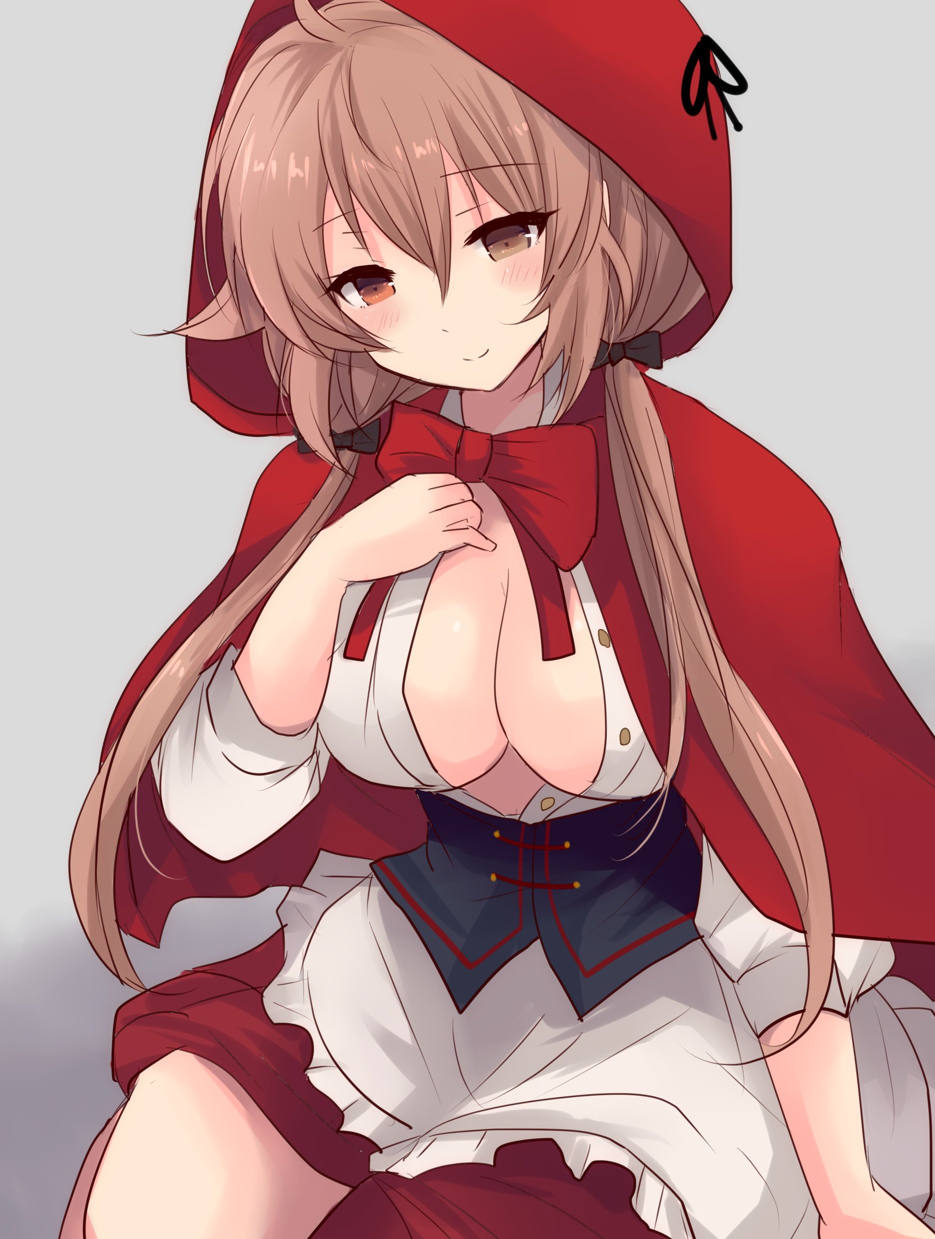hirune (konekonelkk), little red riding hood (fairy tale character), murasame (halloween) (kancolle), murasame (kancolle), murasame kai ni (kancolle), kantai collection, little red riding hood (fairy tale), absurdres, commentary request, highres, apron, bow, breasts, brown eyes, capelet, collared shirt, cosplay, dress shirt, frilled apron, frills, gradient background, grey background, hair flaps, heterochromia, large breasts, little red riding hood (fairy tale character) (cosplay), low twintails, open clothes, open shirt, red bow, red capelet, red eyes, red hood, red skirt, shirt, skirt, twintails, white apron, white shirt