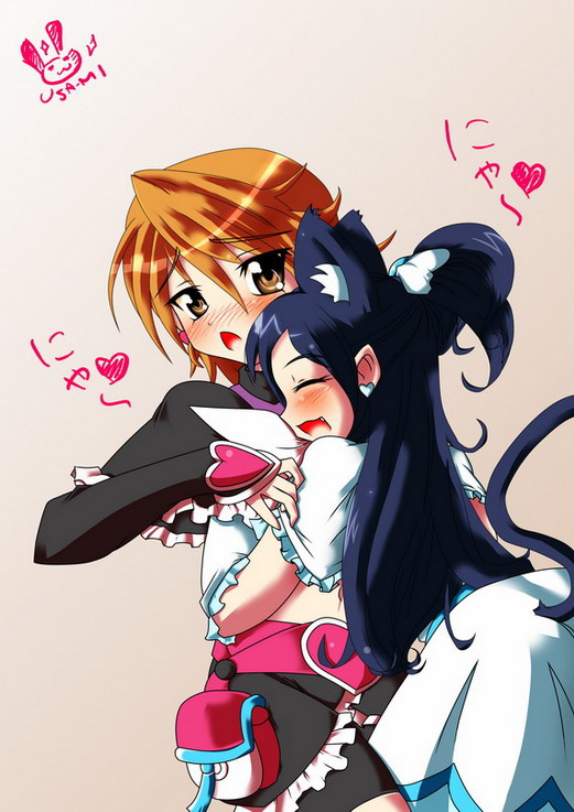 cure black, cure white, misumi nagisa, yukishiro honoka, futari wa precure, precure, jpeg artifacts, 00s, 2girls, animal ears, cat ears, cat tail, half updo, heart, hug, kemonomimi mode, magical girl, multiple girls, tail, yuri