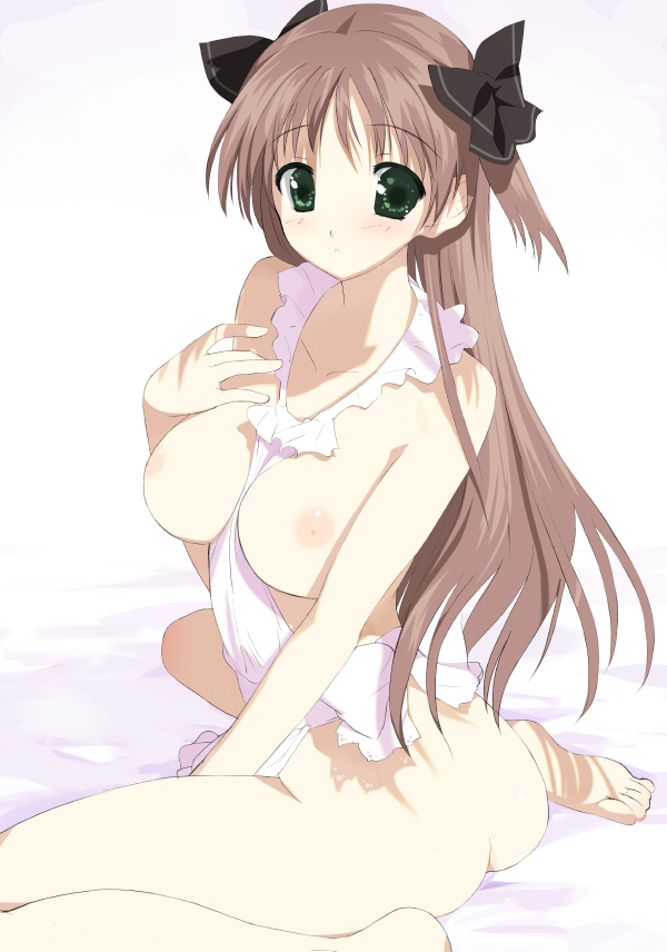 kusaka souji, amatsuka haruka, baby princess, 10s, 1girl, apron, ass, barefoot, between breasts, blush, bow, breasts, brown hair, feet, female focus, green eyes, hair bow, naked apron, nipples, sitting, solo