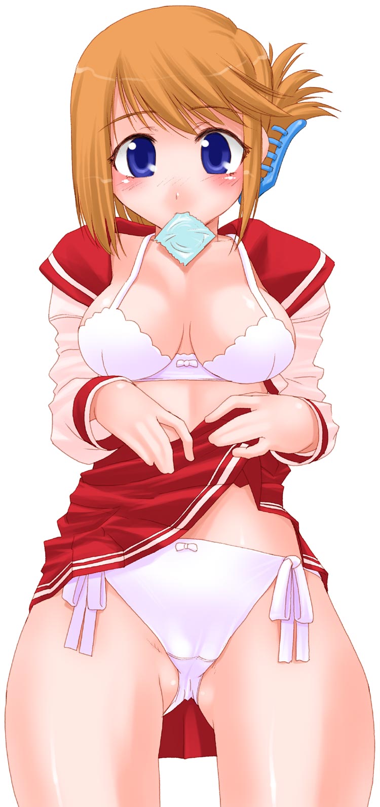 shinama, komaki manaka, to heart (series), to heart 2, highres, 00s, 1girl, blue eyes, bra, brown hair, clothes lift, condom, condom in mouth, female focus, folded ponytail, lingerie, mouth hold, open clothes, open shirt, panties, school uniform, shirt, simple background, skirt, skirt lift, solo, underwear, upskirt, white background