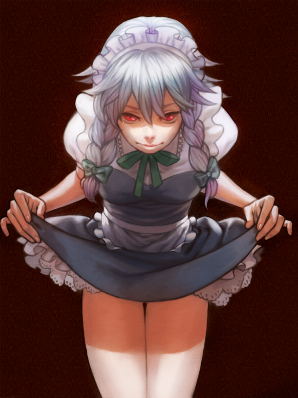 esukee, izayoi sakuya, embodiment of scarlet devil, touhou, silver hair, 1girl, apron, braid, clothes lift, curtsey, female focus, frills, glowing, glowing eyes, leaning forward, maid, maid apron, maid headdress, no panties, red eyes, ribbon, skirt, skirt hold, skirt lift, smile, solo, staring, thigh gap, twin braids