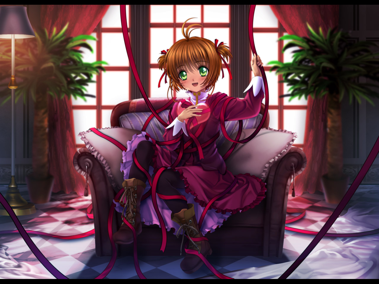 mutsuki (moonknives), kinomoto sakura, cardcaptor sakura, kodansha, 1990s (style), 1girl, antenna hair, black pantyhose, blush, boots, brown hair, card, chair, child, couch, curtains, dress, female focus, green eyes, hair ribbon, happy, heart, holding, lamp, open mouth, pantyhose, plant, retro artstyle, ribbon, short hair, sitting, smile, solo, staff, turtleneck, twintails, valentine, window
