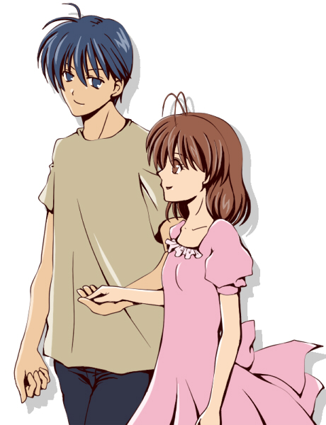 buri (yamaburi), furukawa nagisa, okazaki tomoya, clannad, bad id, bad pixiv id, 00s, 1boy, 1girl, antenna hair, blue eyes, blue hair, brown eyes, brown hair, casual, couple, hetero, holding hands, short hair