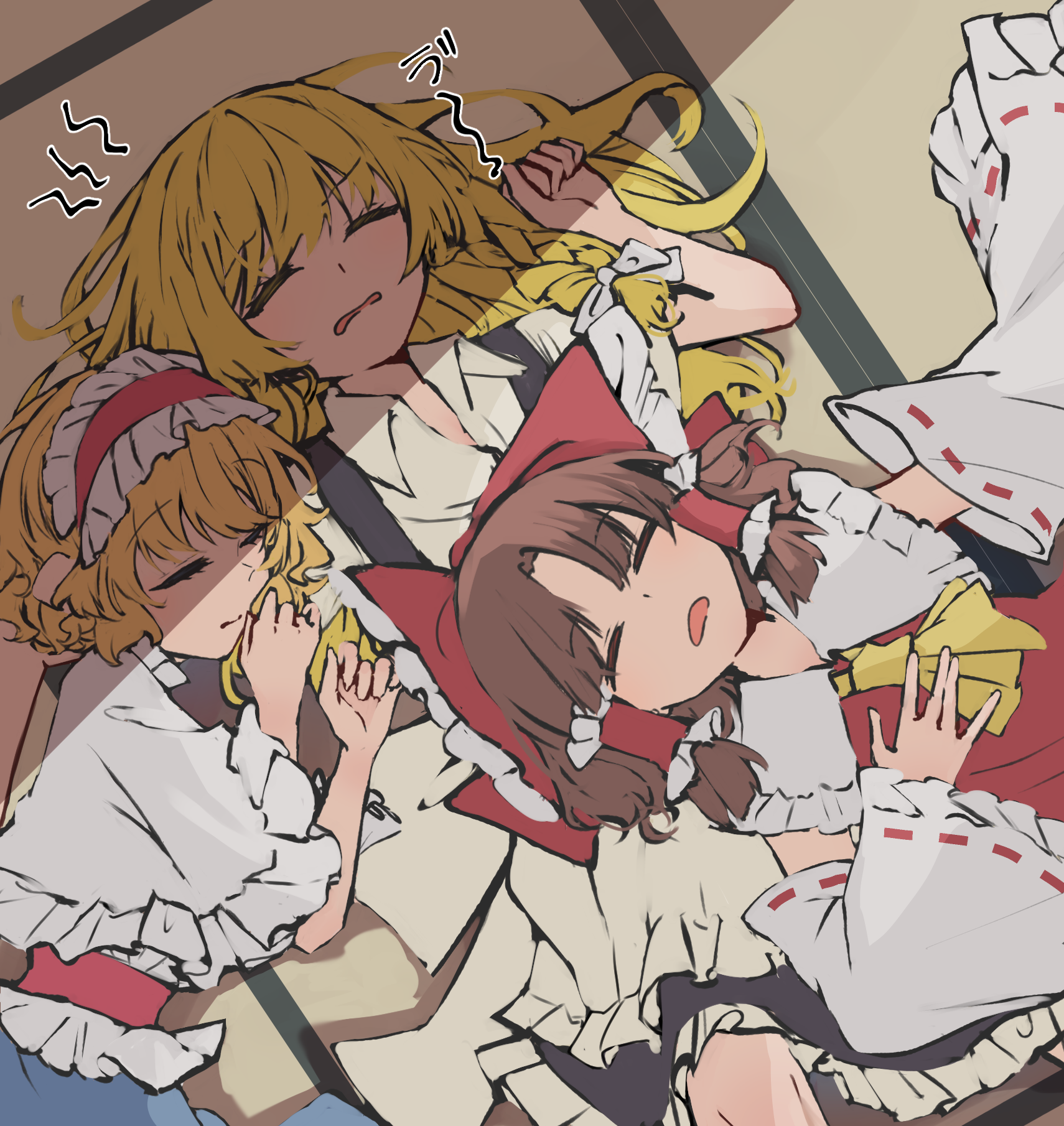 jingai (k1bun), alice margatroid, hakurei reimu, kirisame marisa, touhou, commentary request, highres, 3girls, apron, ascot, black skirt, black vest, blonde hair, blue dress, bow, braid, brown hair, capelet, closed eyes, closed mouth, detached sleeves, dress, frilled bow, frilled hair tubes, frilled hairband, frilled skirt, frills, hair bow, hair tubes, hairband, lolita hairband, long hair, lying, multiple girls, no headwear, on back, open mouth, red bow, red hairband, ribbon-trimmed sleeves, ribbon trim, side braid, single braid, skirt, sleeping, sleeping on person, tatami, vest, waist apron, white bow, white capelet, yellow ascot