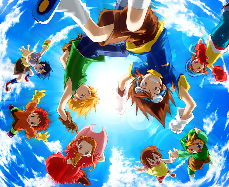 hotaru takana, ishida yamato, izumi koshiro, kido jo, tachikawa mimi, takaishi takeru, takenouchi sora, yagami hikari, yagami taichi, digimon, digimon adventure, bad id, bad pixiv id, 3girls, 5boys, black eyes, blonde hair, blue eyes, blue hair, brown eyes, brown hair, cloud, cowboy hat, day, fringe trim, from below, glasses, gloves, goggles, hat, jewelry, long hair, multiple boys, multiple girls, necklace, orange shirt, red eyes, red hair, shirt, short hair, shorts, sky, whistle