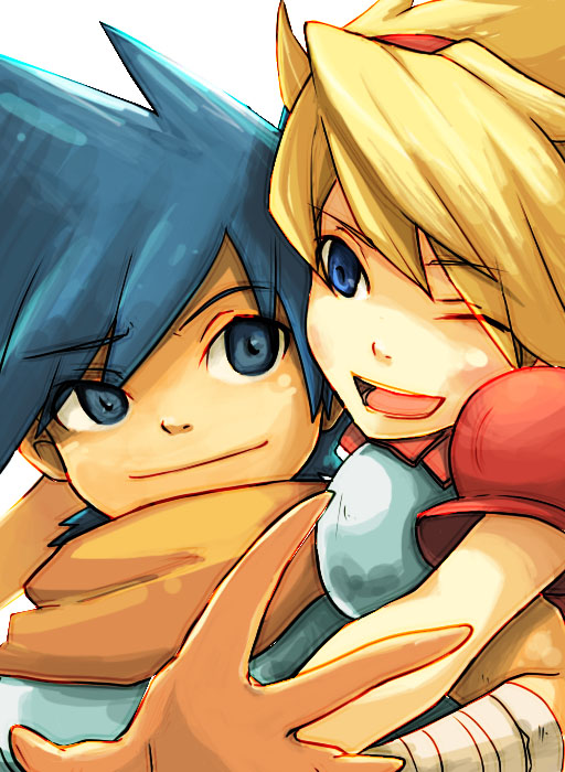 itou sayaka, nina (breath of fire iii), ryu (breath of fire iii), breath of fire, breath of fire iii, 1boy, 1girl, ;d, blonde hair, blue eyes, one eye closed, open mouth, ponytail, puffy short sleeves, puffy sleeves, short sleeves, simple background, smile, spiked hair, white background