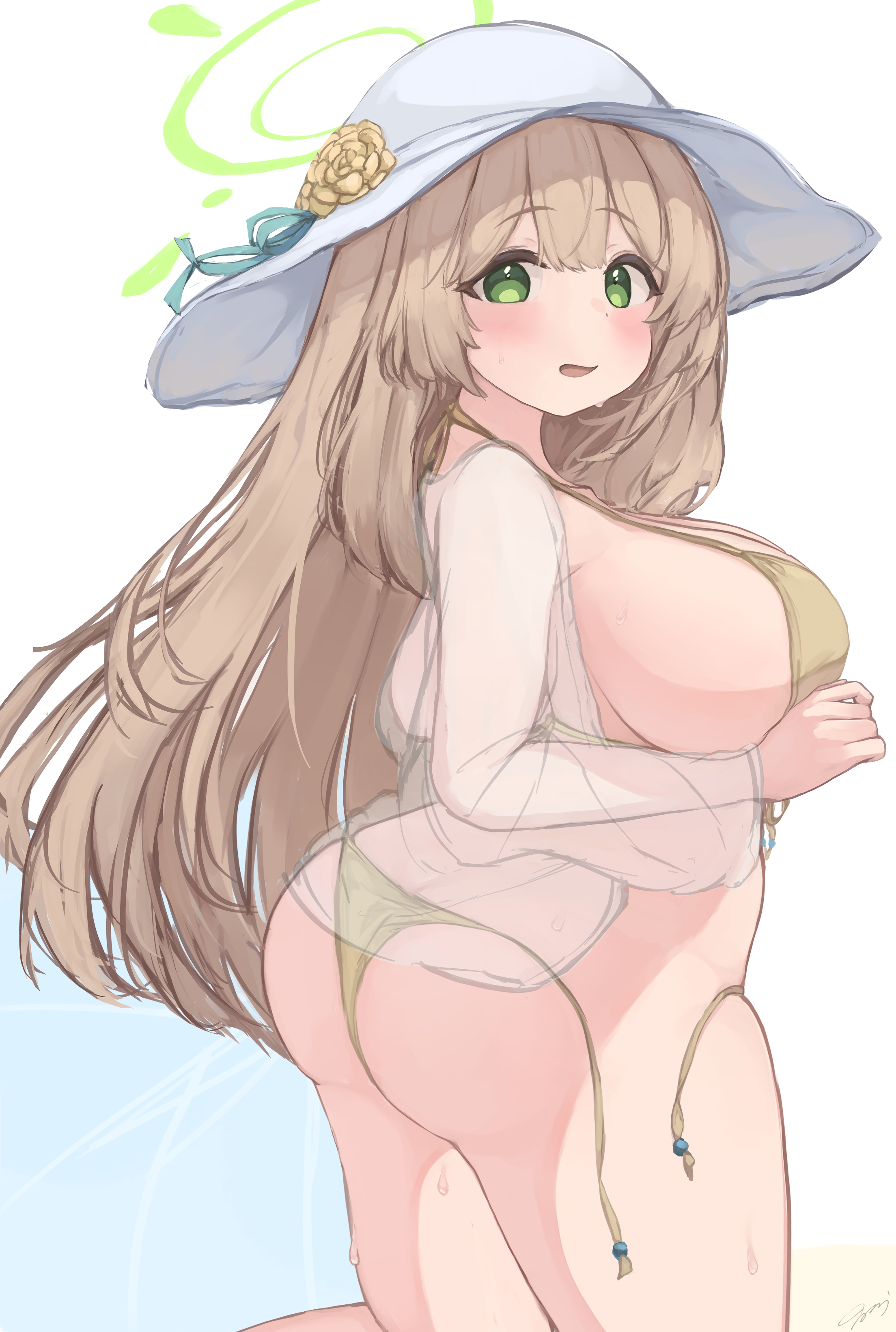 teruriu, nonomi (blue archive), nonomi (swimsuit) (blue archive), blue archive, light brown hair, highres, 1girl, arched back, ass, bikini, blush, breasts, brown bikini, brown hair, embarrassed, flower, from behind, green eyes, halo, hat, hat flower, huge ass, huge breasts, kneeling, long hair, looking back, open clothes, open mouth, open shirt, plump, see-through clothes, see-through shirt, shirt, sideboob, solo, sun hat, sweat, swimsuit, thick thighs, thighs, untied bikini, untied bikini bottom, white background, white hat
