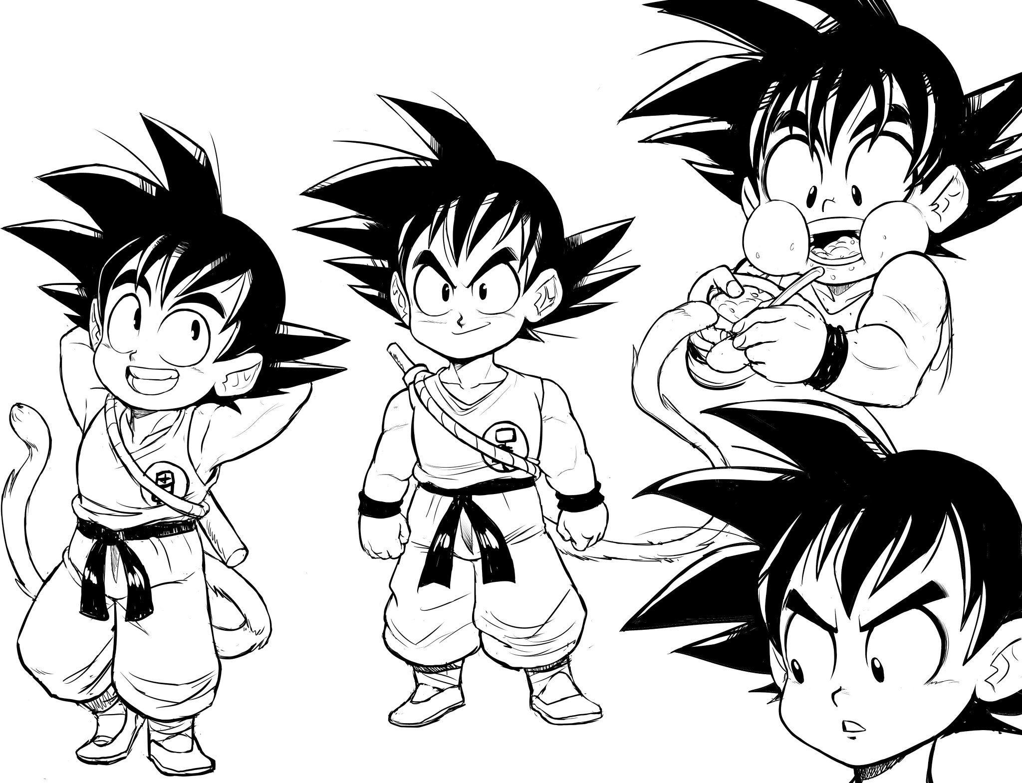teevo, son goku, dragon ball, highres, arms behind head, bo staff, bowl, eating, looking at viewer, monkey tail, rice, saiyan, sketch, spoon, tail, wristband